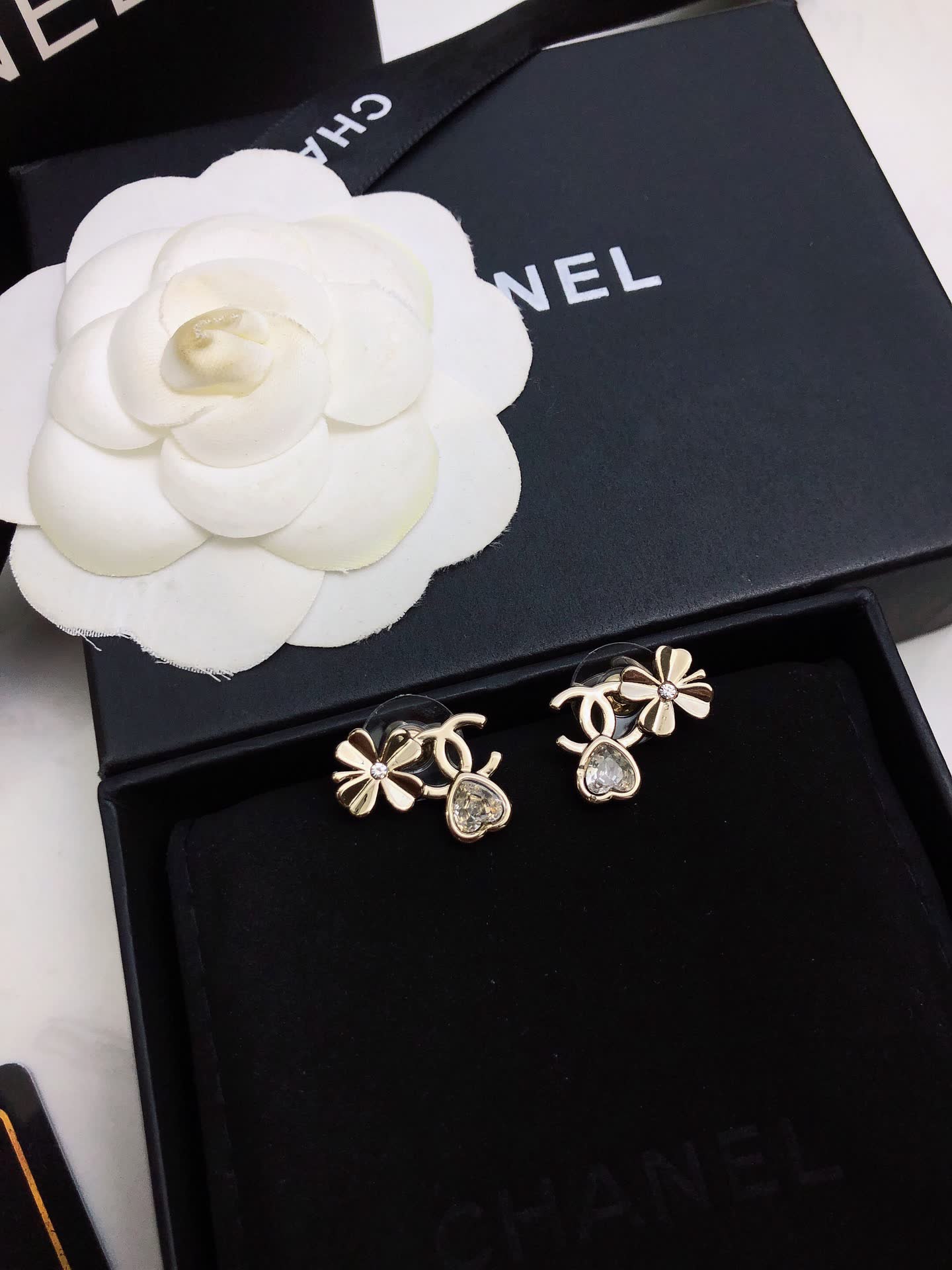 Chanel Gold Tone Crystal Flower Stud Earrings