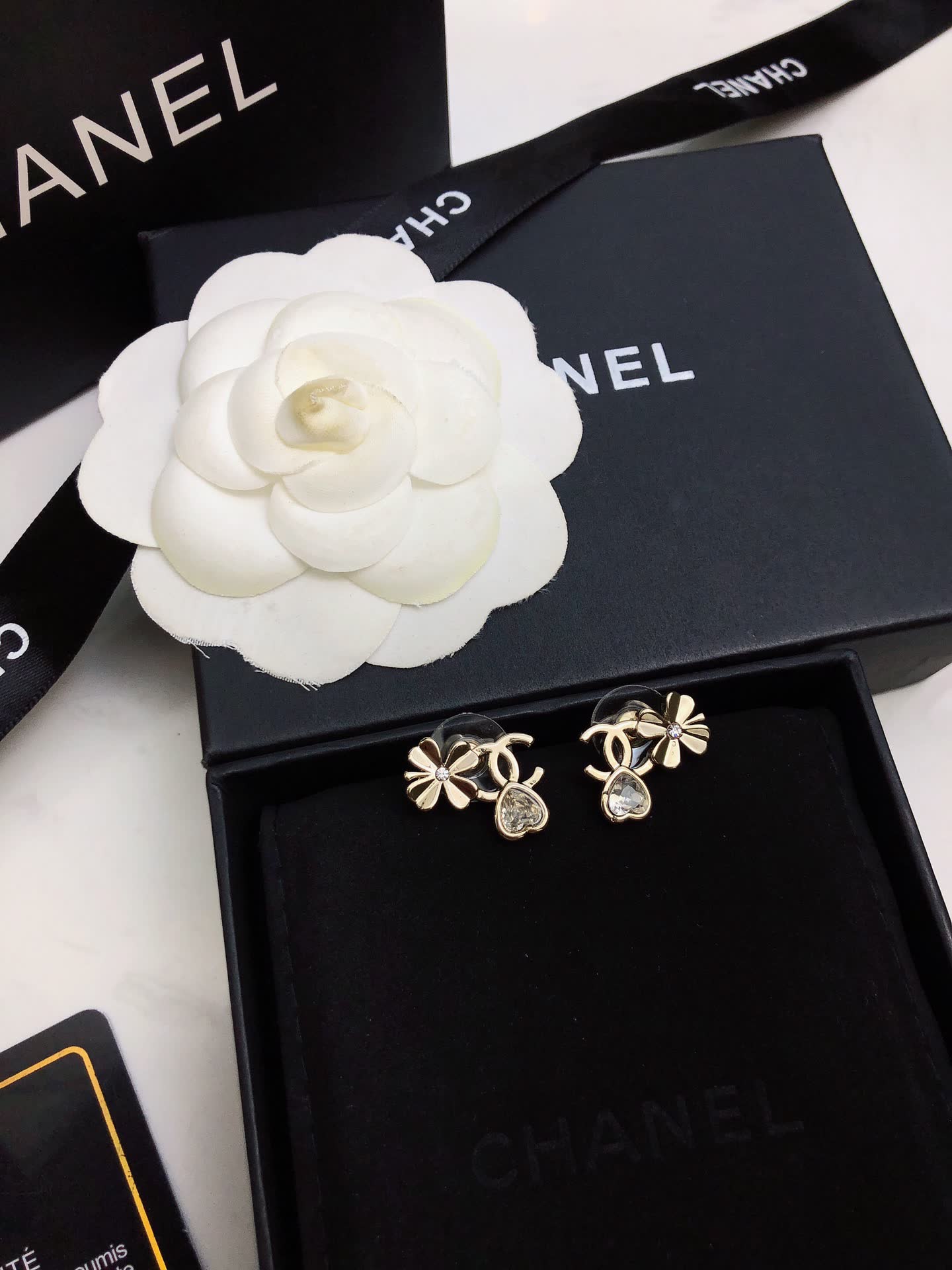 Chanel Gold Tone Crystal Flower Stud Earrings