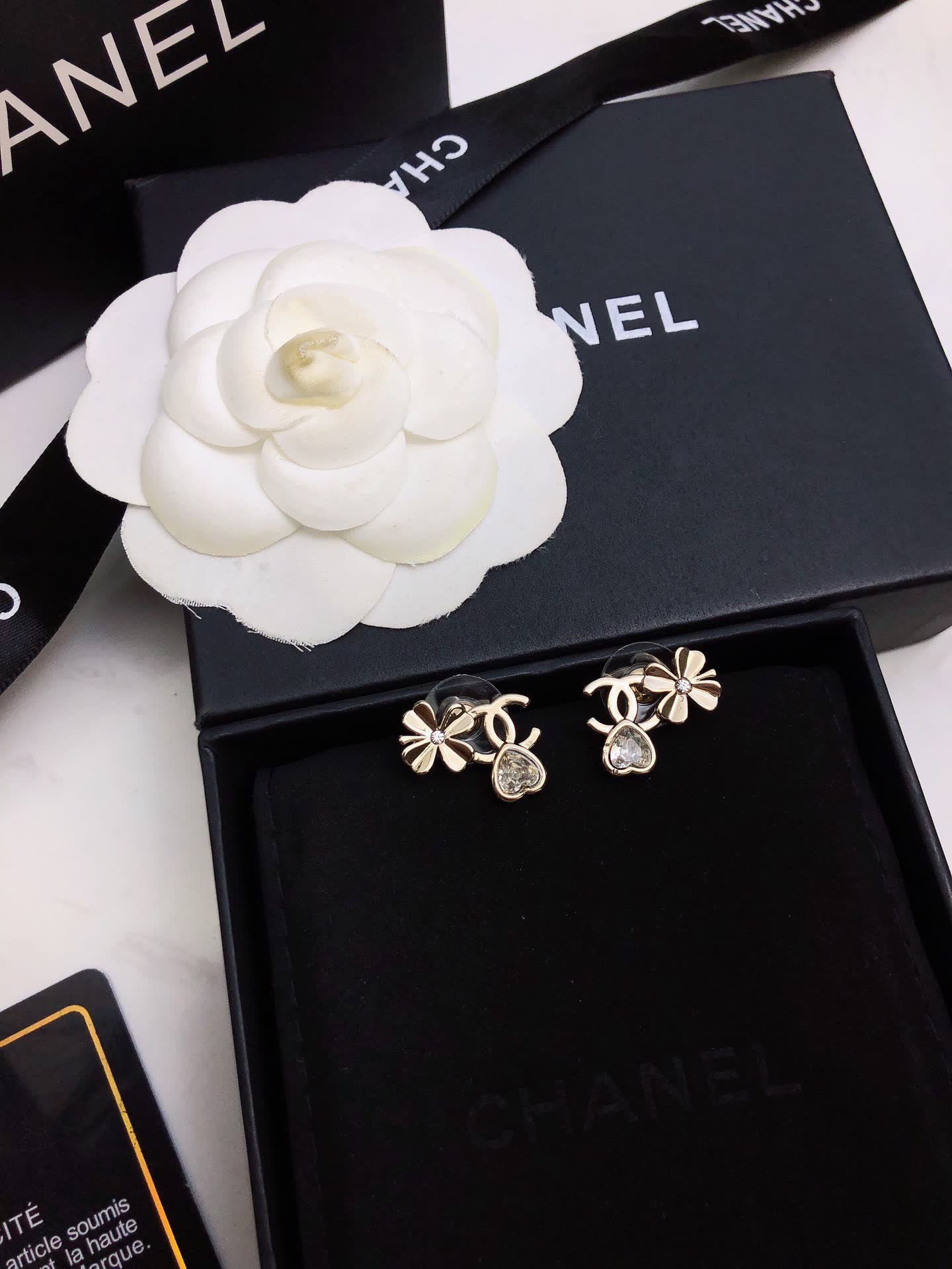 Chanel Gold Tone Crystal Flower Stud Earrings