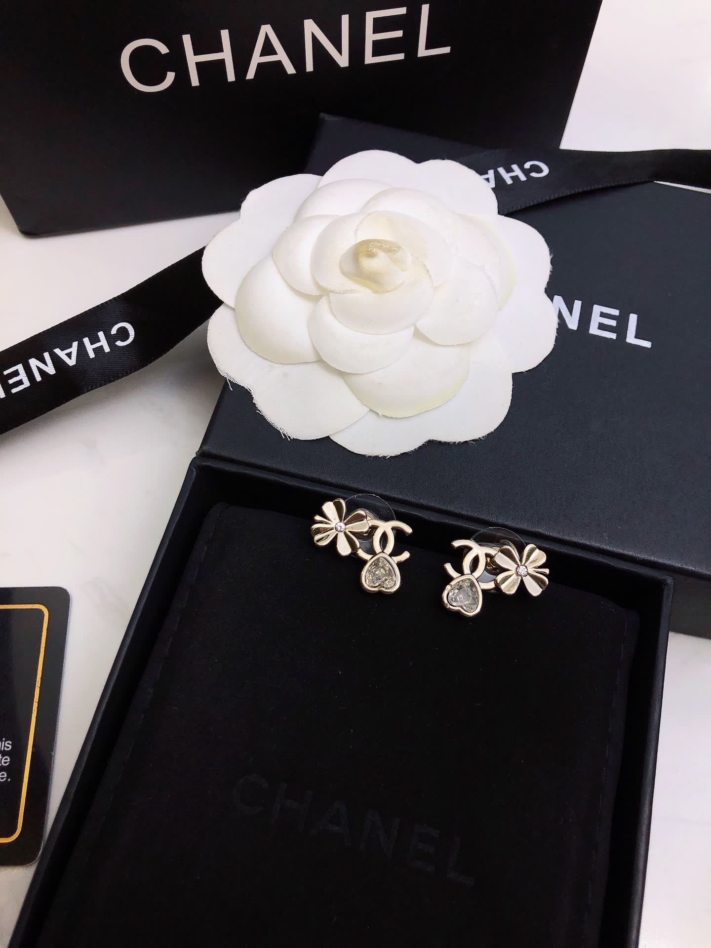 Chanel Gold Tone Crystal Flower Stud Earrings