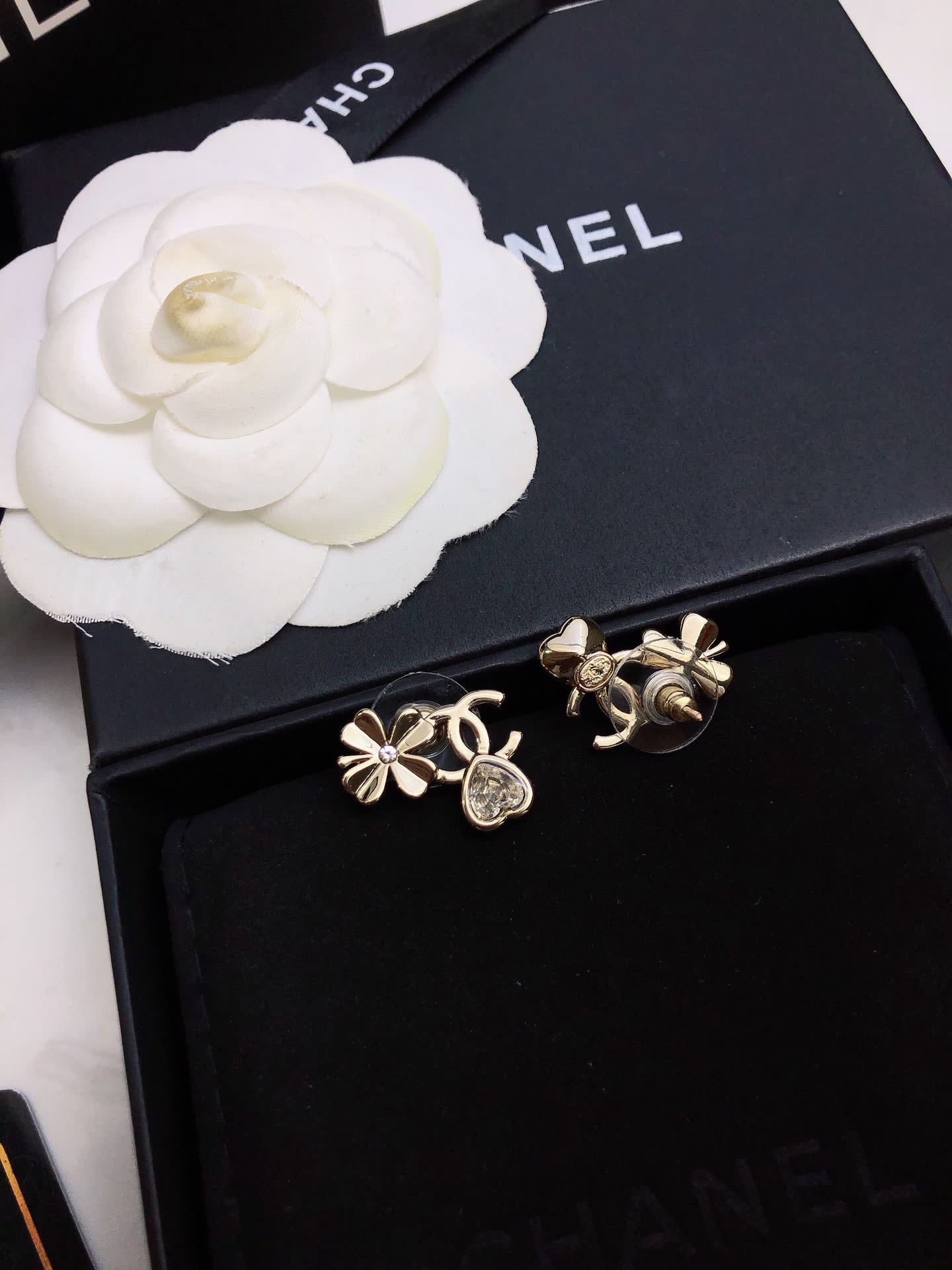 Chanel Gold Tone Crystal Flower Stud Earrings