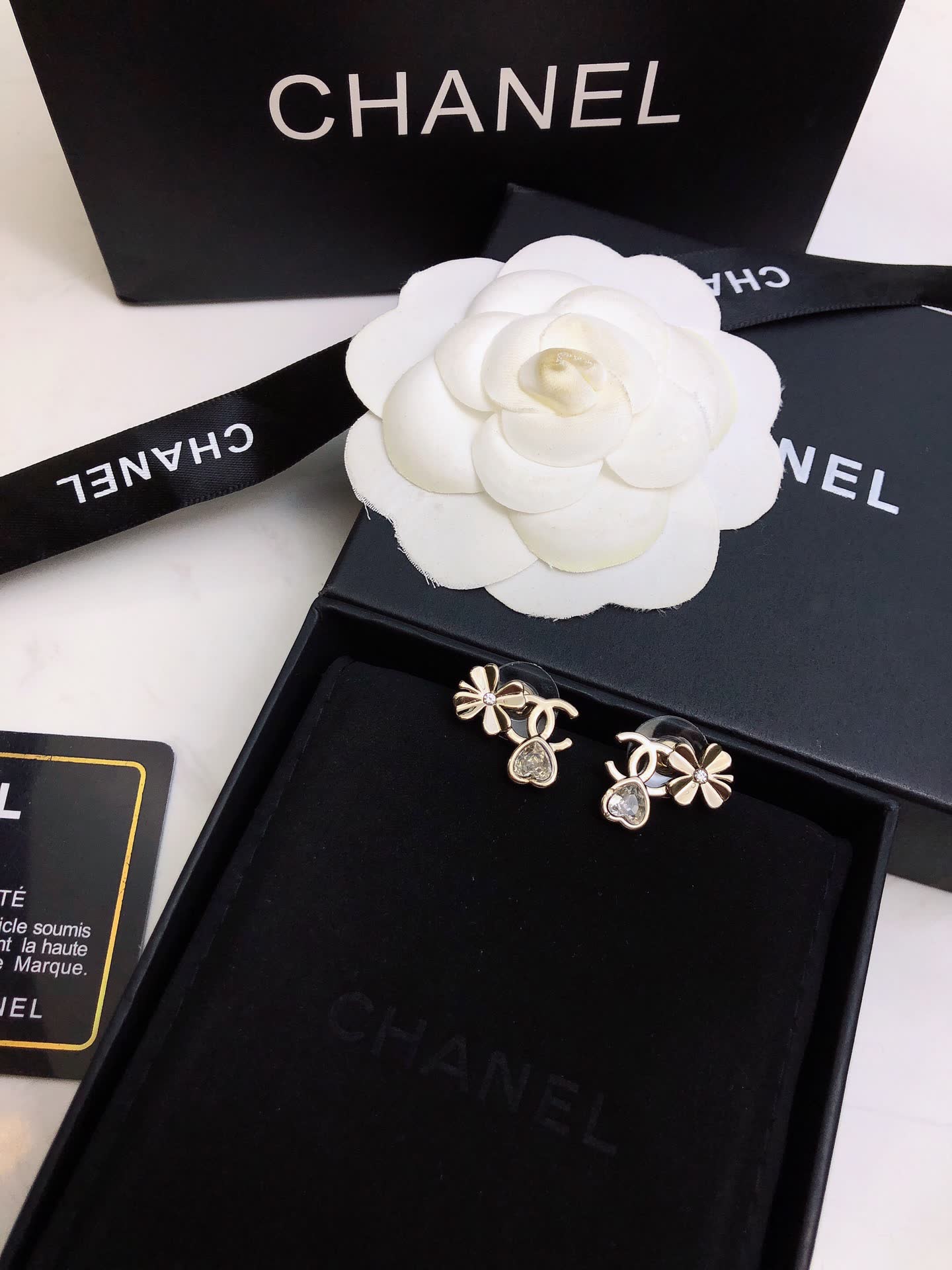 Chanel Gold Tone Crystal Flower Stud Earrings