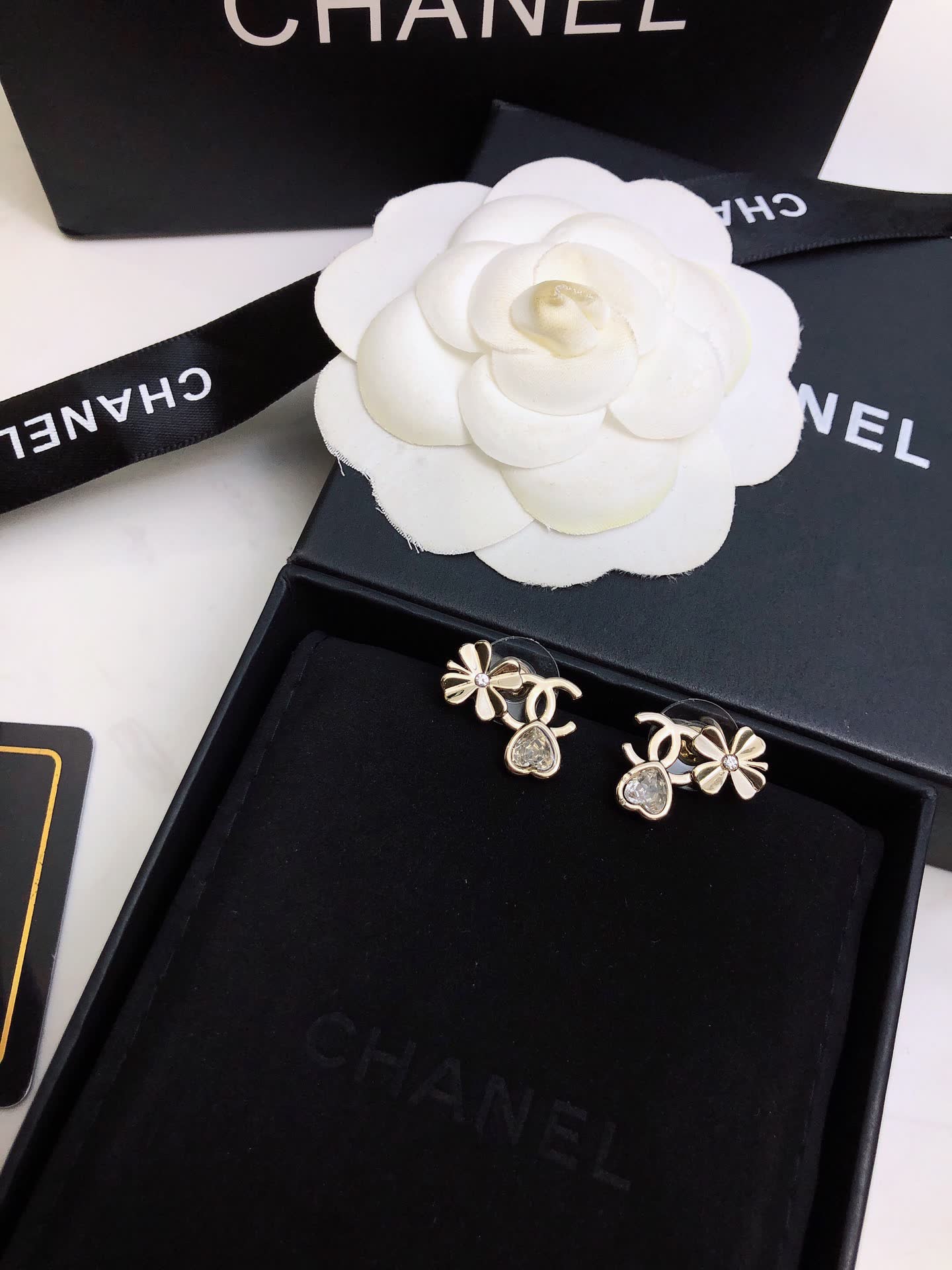 Chanel Gold Tone Crystal Flower Stud Earrings