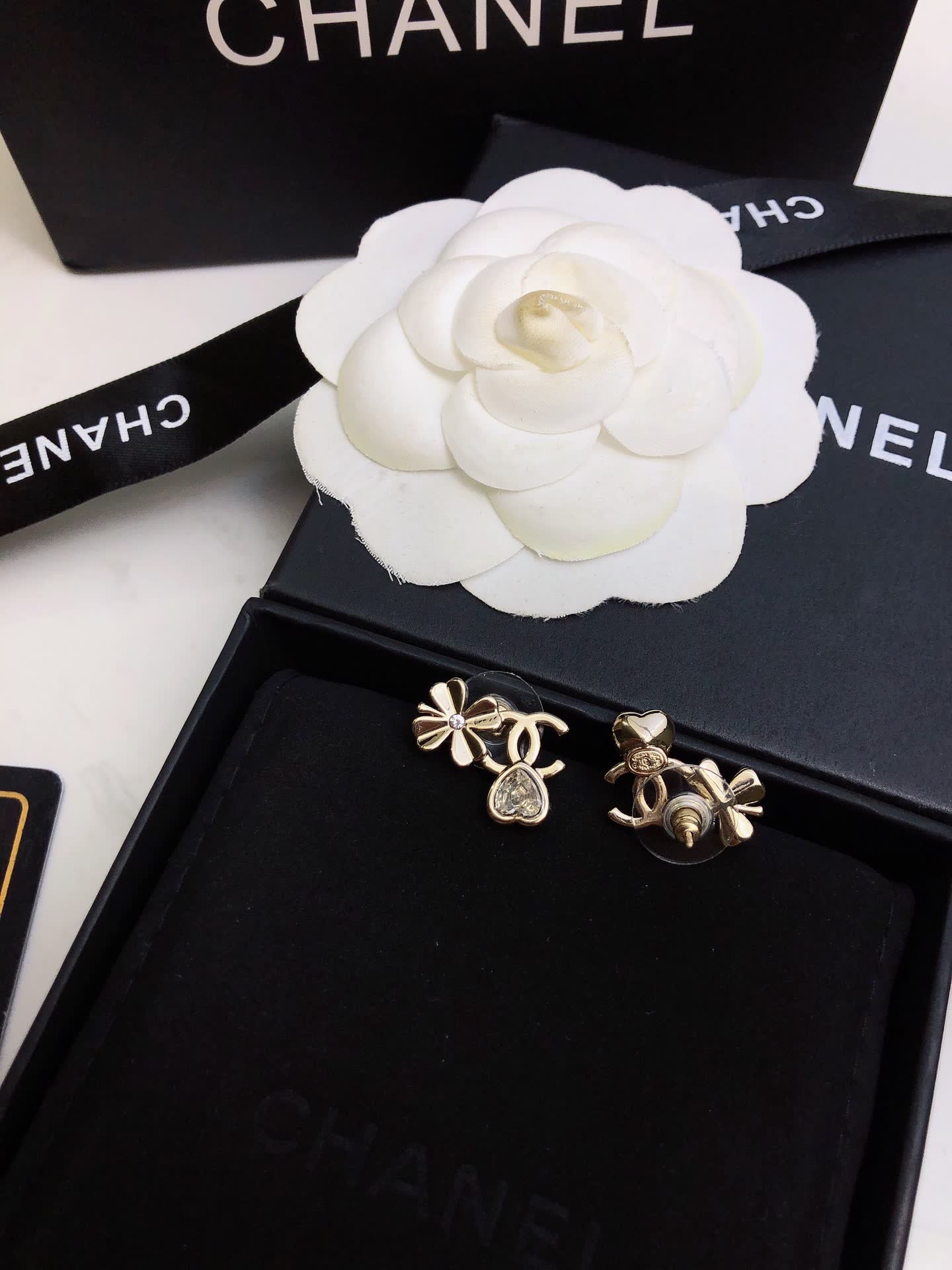 Chanel Gold Tone Crystal Flower Stud Earrings