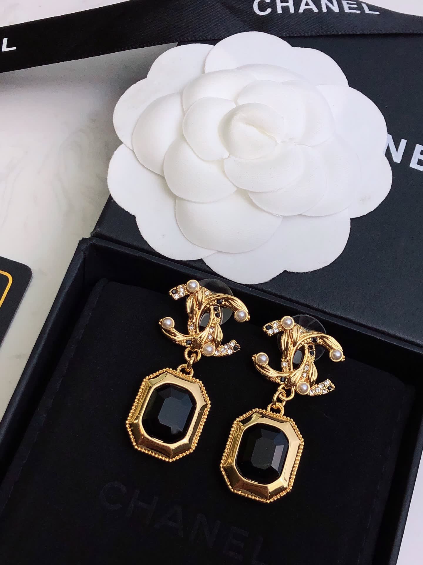 Chanel Gold Tone Black Stone Drop Earrings Chanel Gold Tone Black Stone Drop Earrings