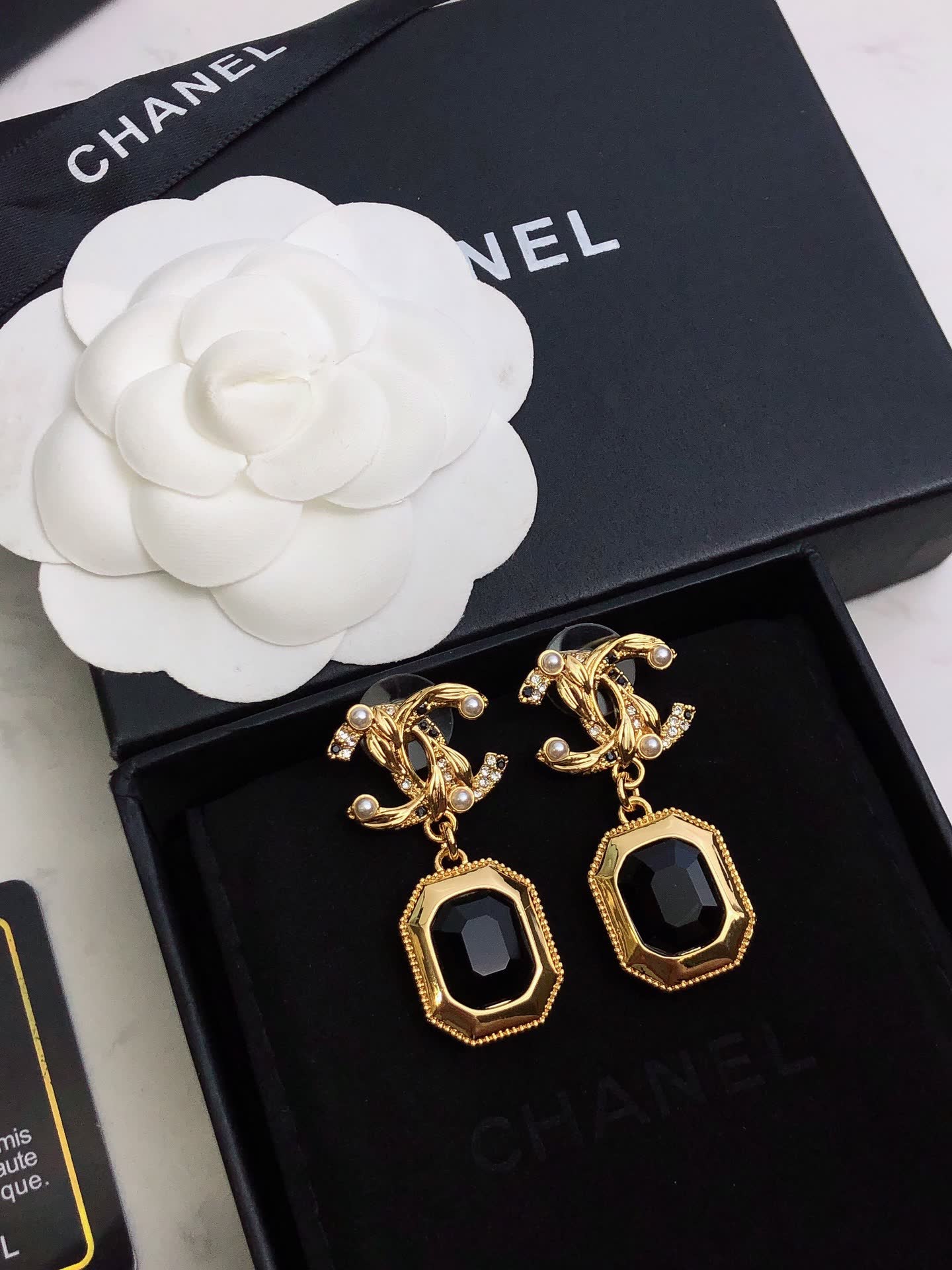 Chanel Gold Tone Black Stone Drop Earrings