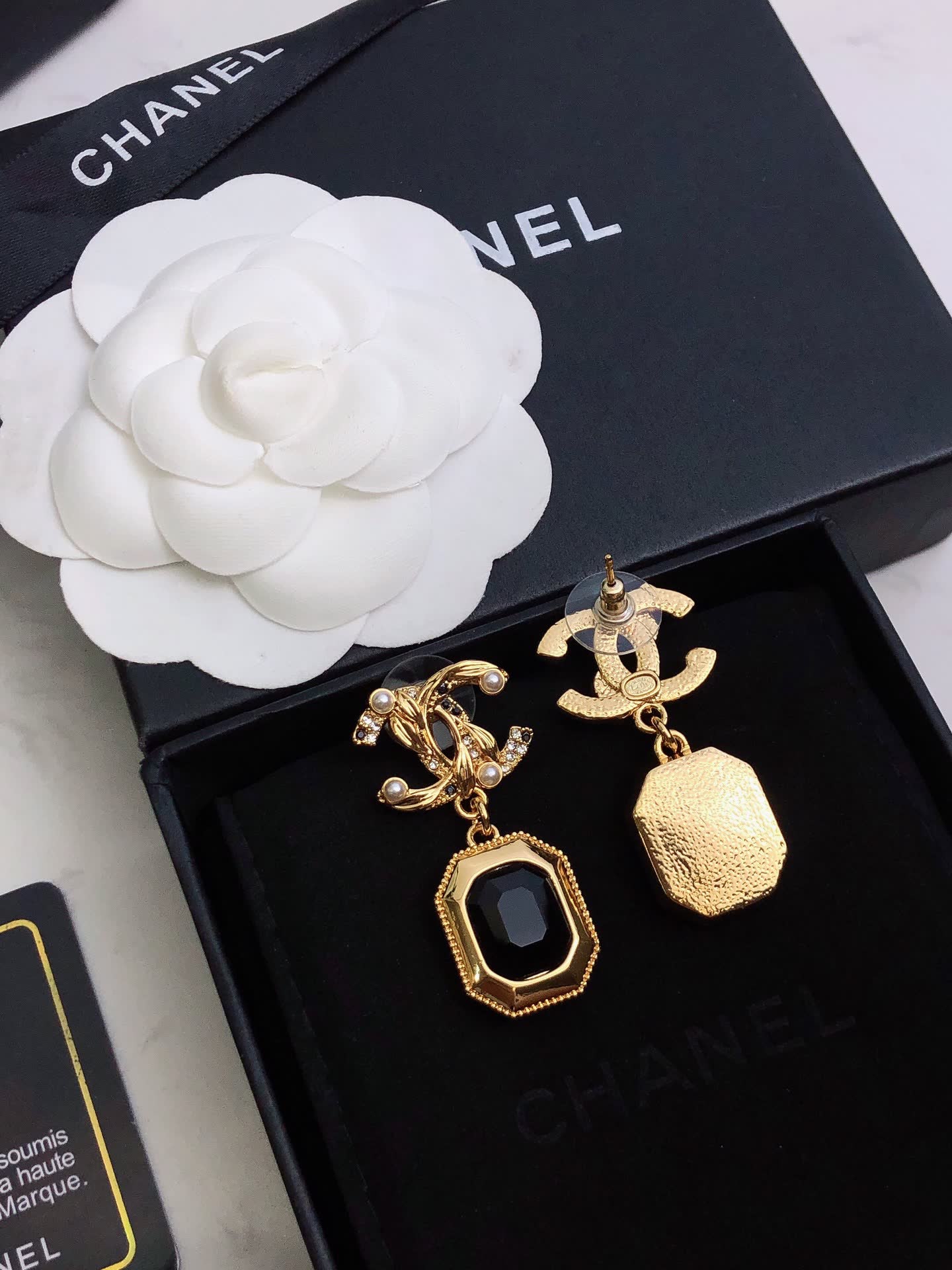 Chanel Gold Tone Black Stone Drop Earrings