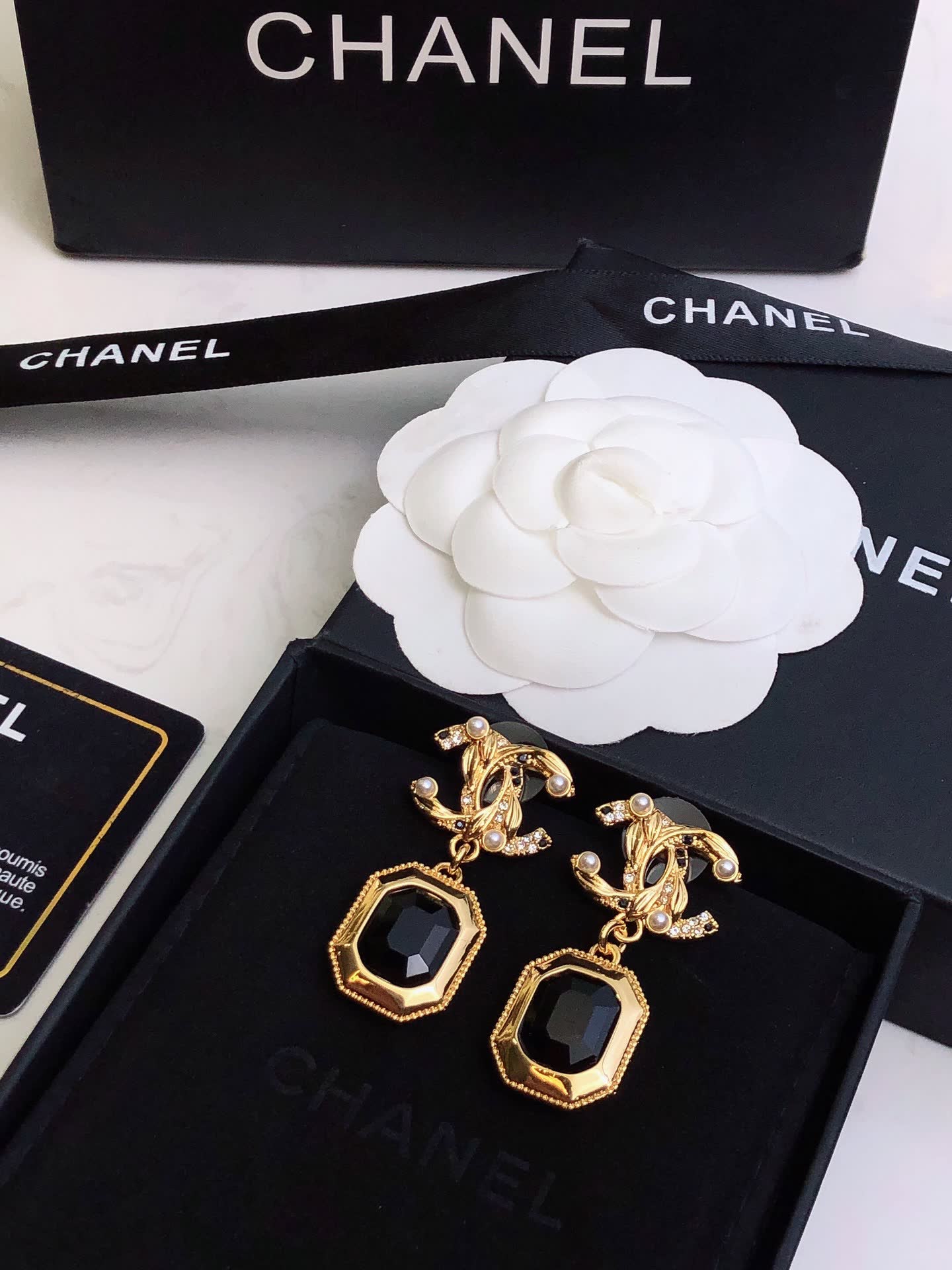 Chanel Gold Tone Black Stone Drop Earrings