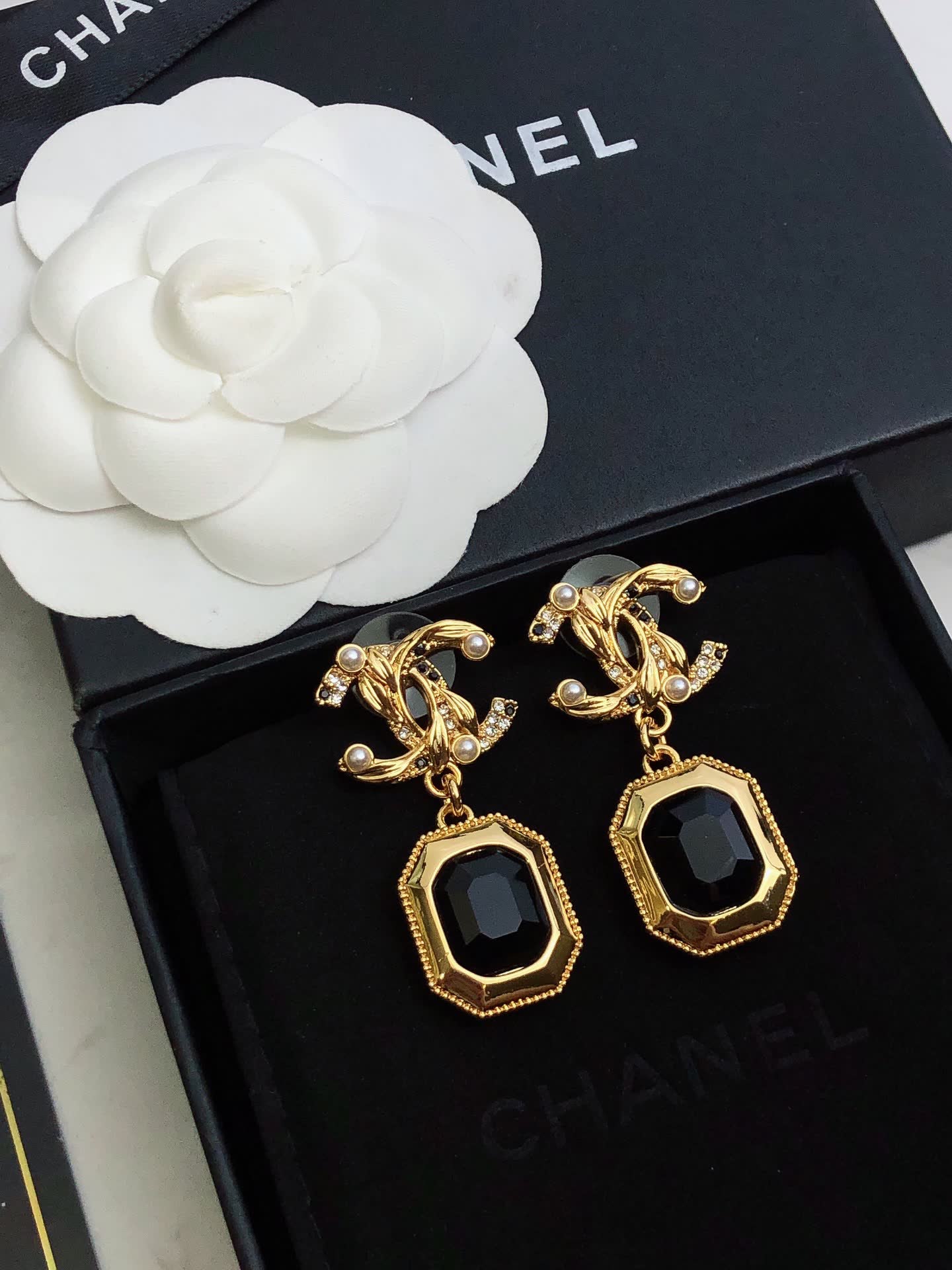 Chanel Gold Tone Black Stone Drop Earrings