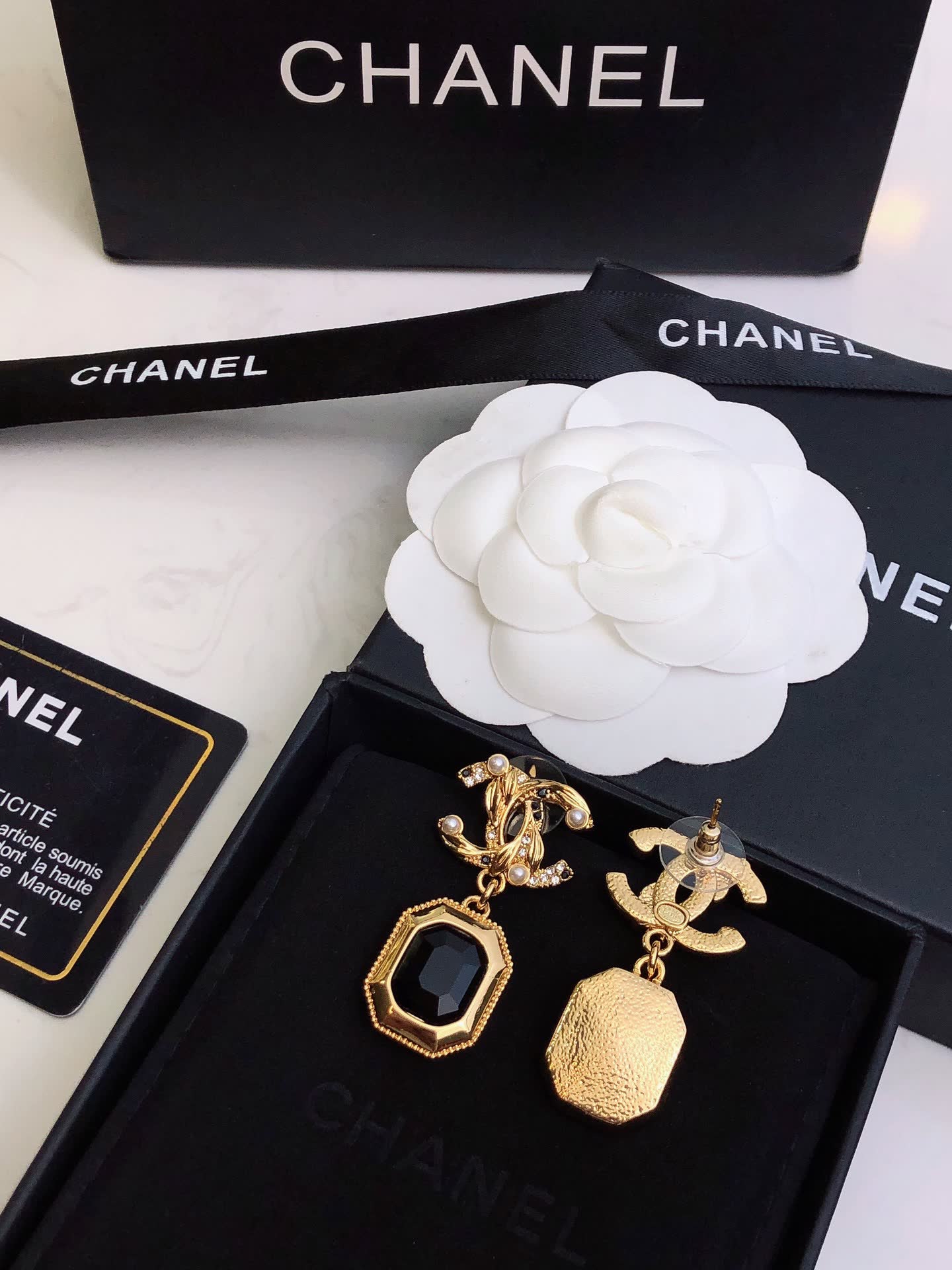 Chanel Gold Tone Black Stone Drop Earrings