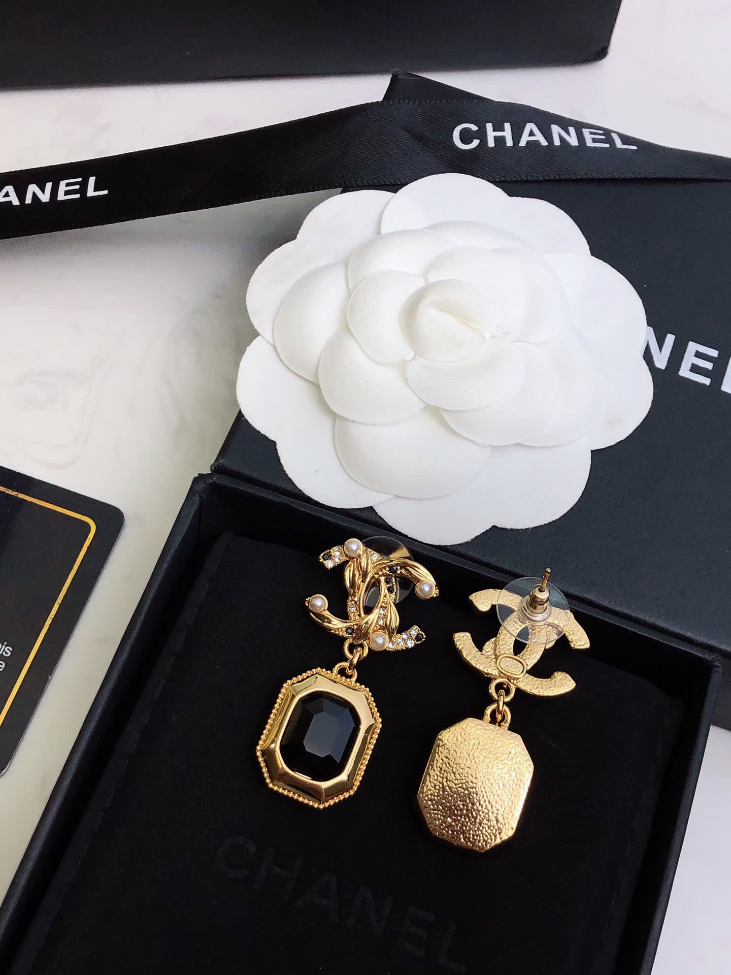 Chanel Gold Tone Black Stone Drop Earrings