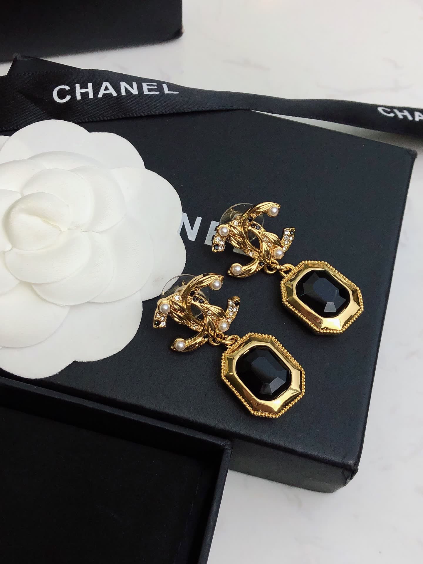 Chanel Gold Tone Black Stone Drop Earrings