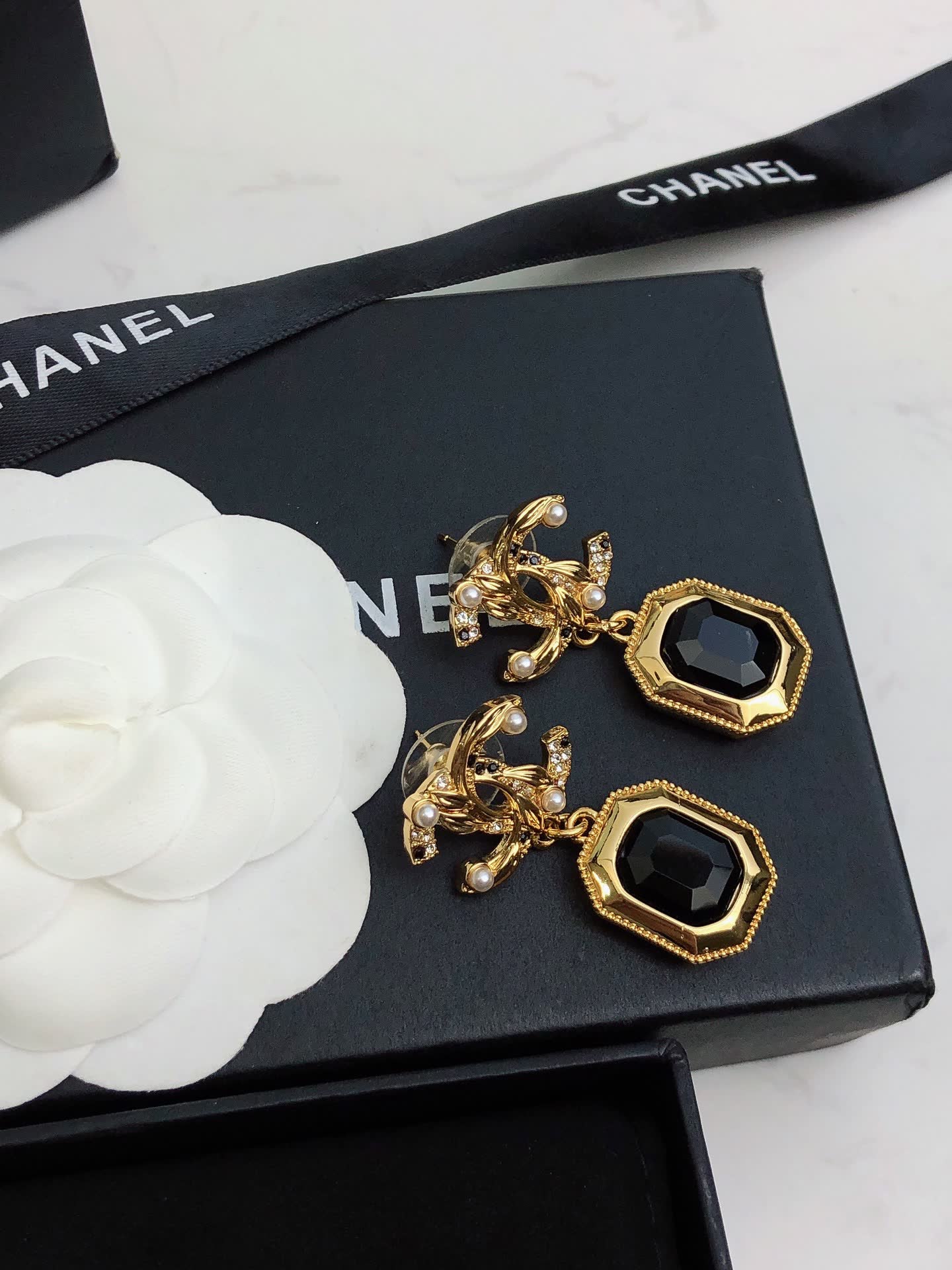 Chanel Gold Tone Black Stone Drop Earrings