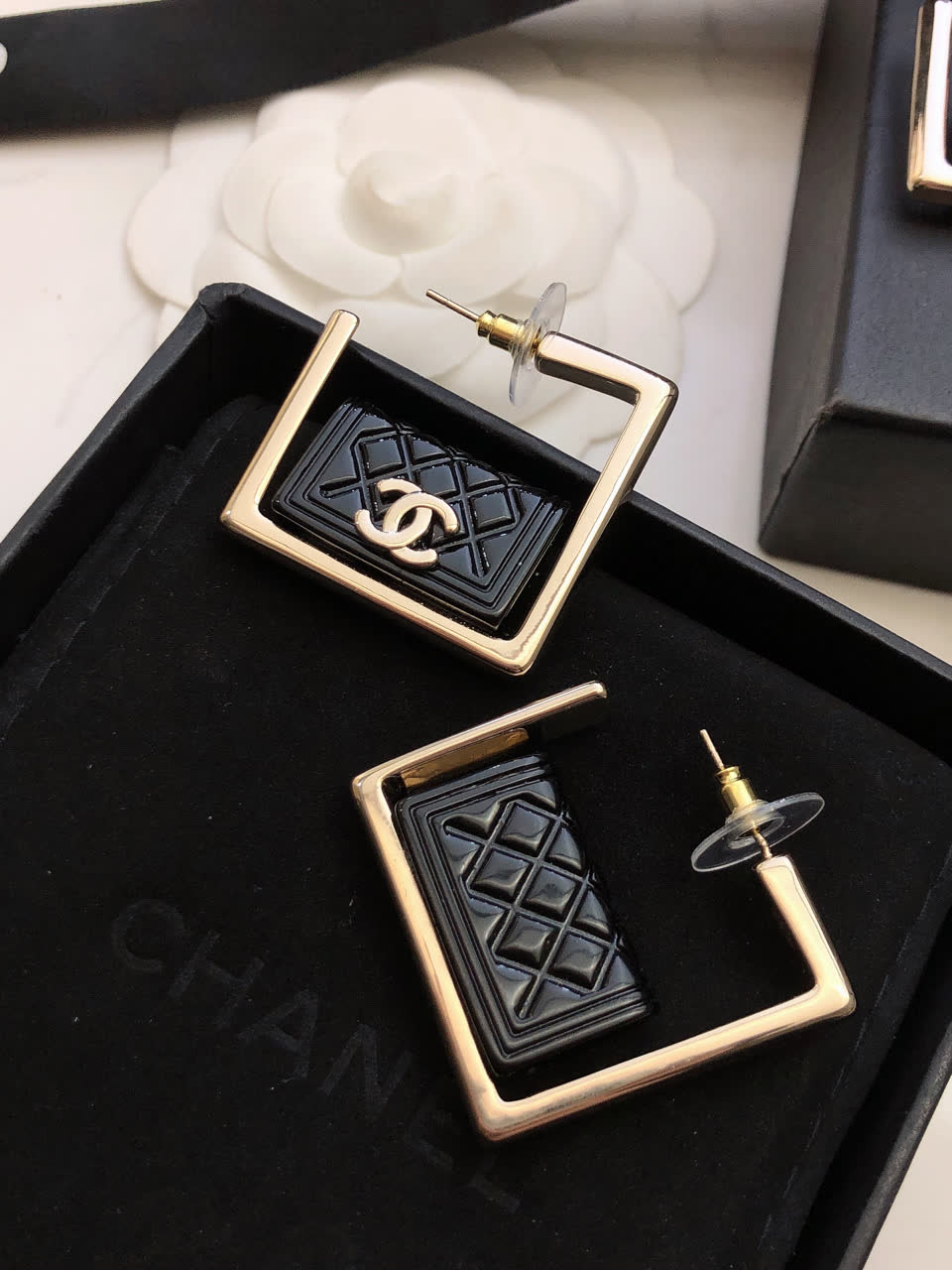 Chanel CC Logo Square Stud Earrings