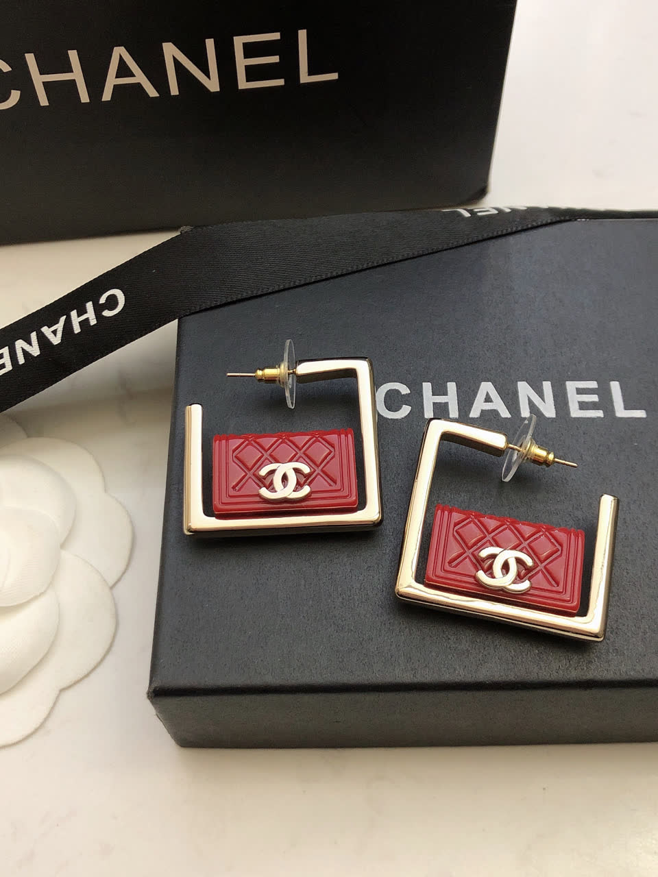 Chanel CC Logo Square Stud Earrings