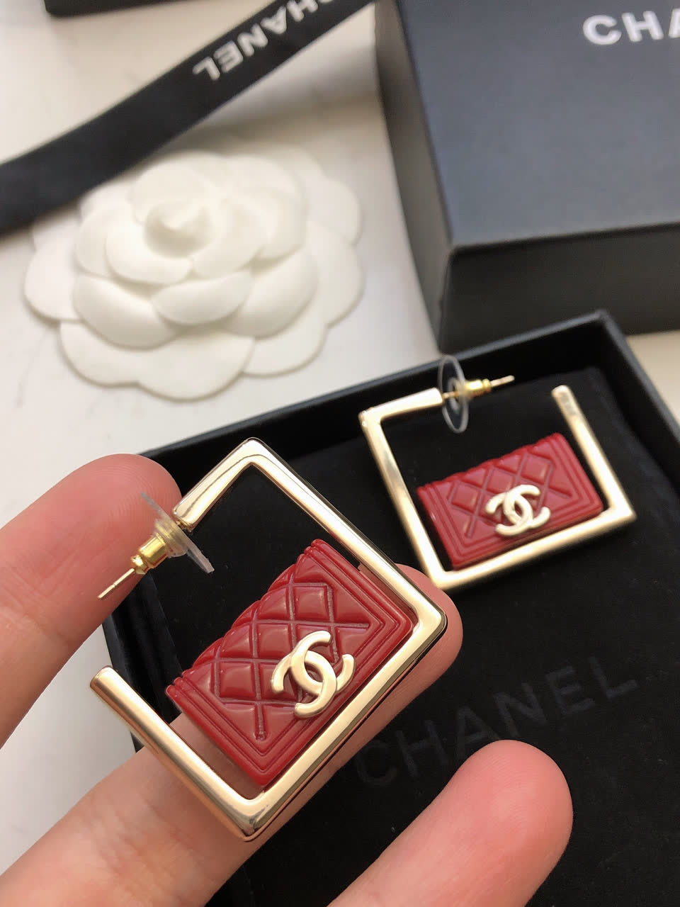 Chanel CC Logo Square Stud Earrings