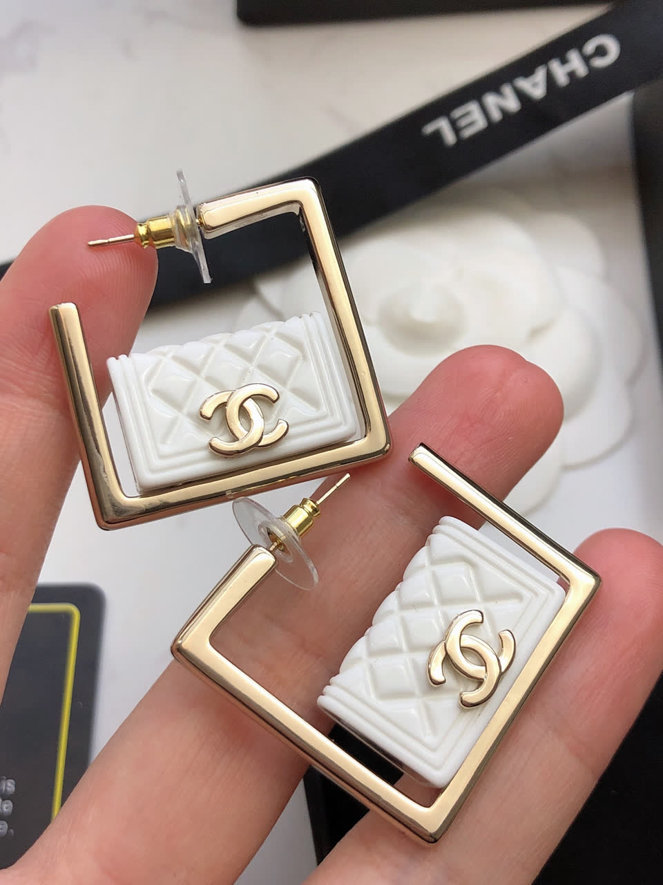Chanel CC Logo Square Stud Earrings