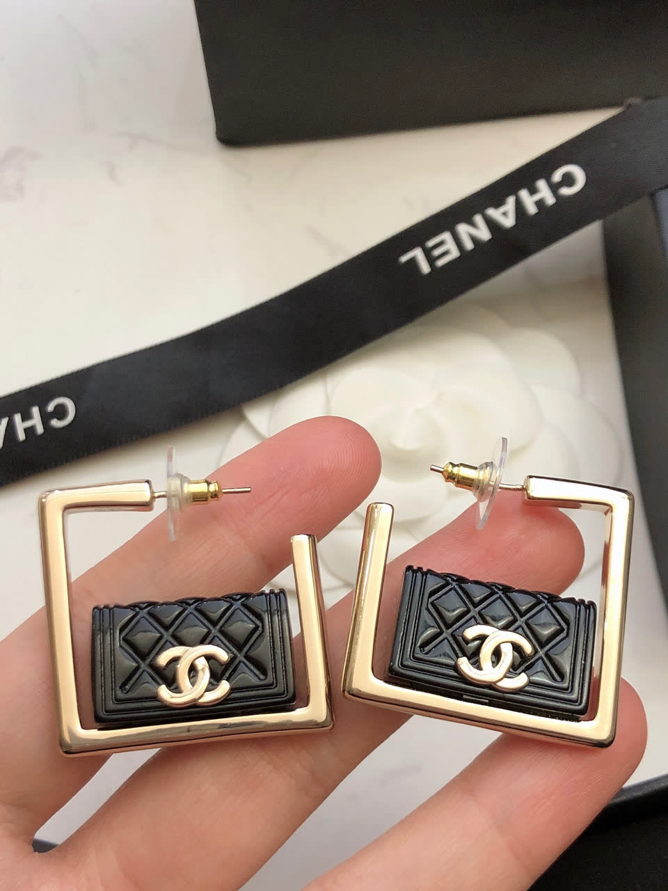 Chanel CC Logo Square Stud Earrings