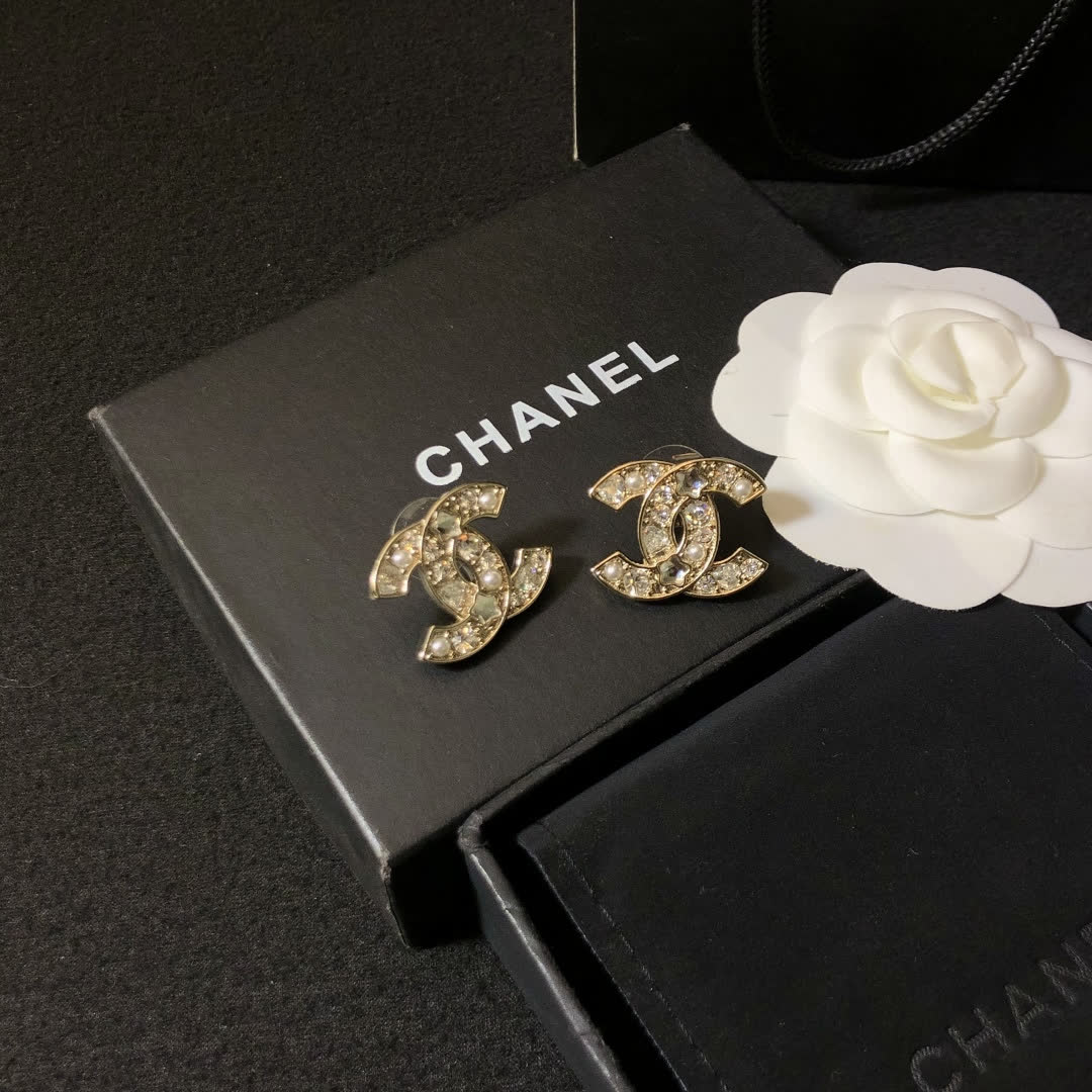 Chanel CC Logo Crystal Stud Earrings
