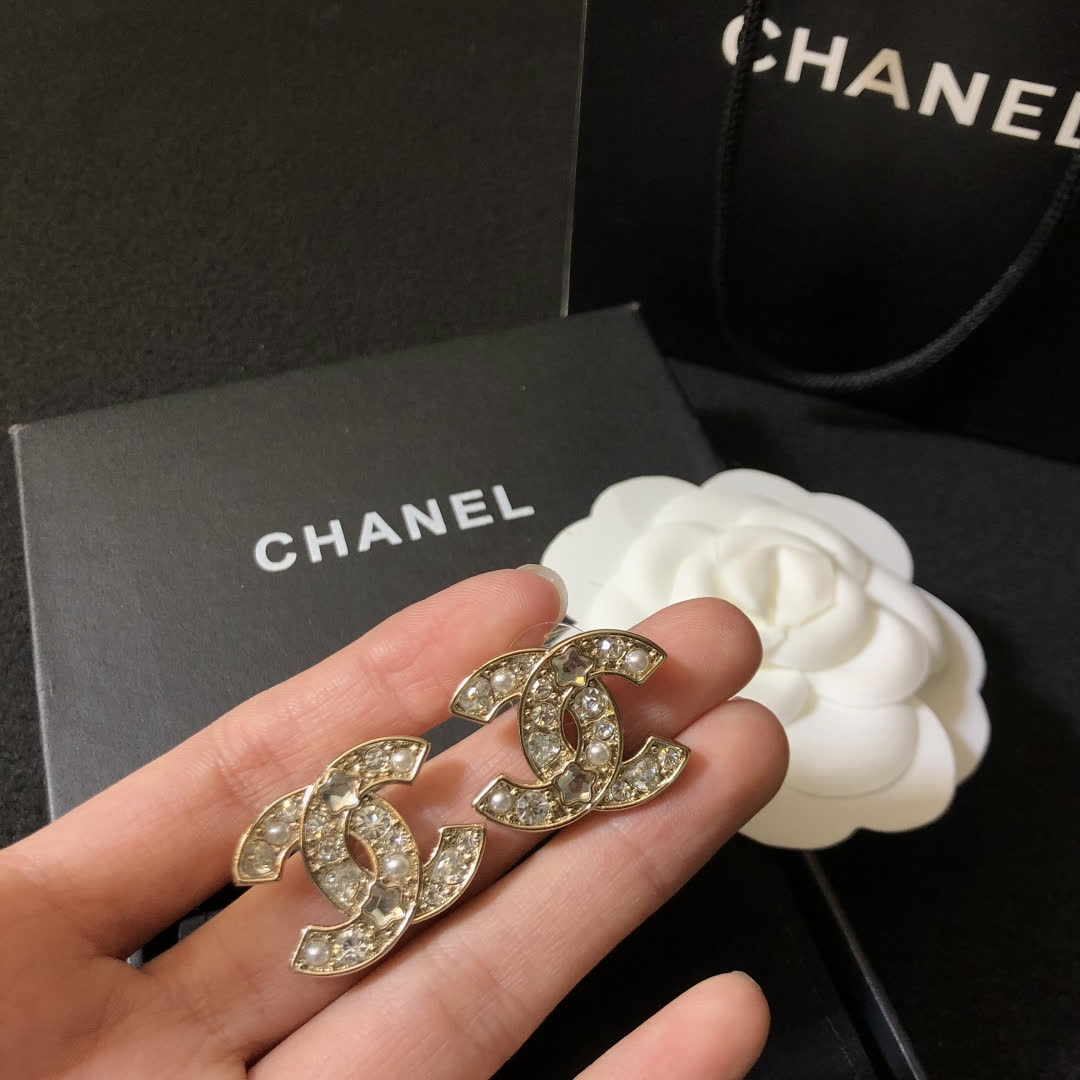 Chanel CC Logo Crystal Stud Earrings