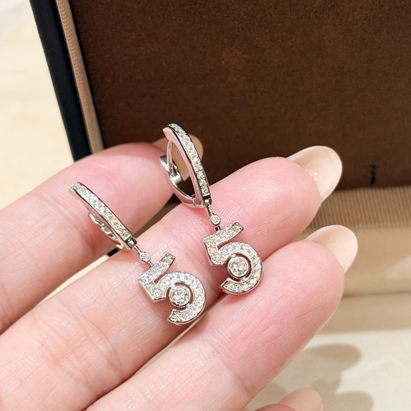 Chanel Silver Number '5' Diamond Earrings