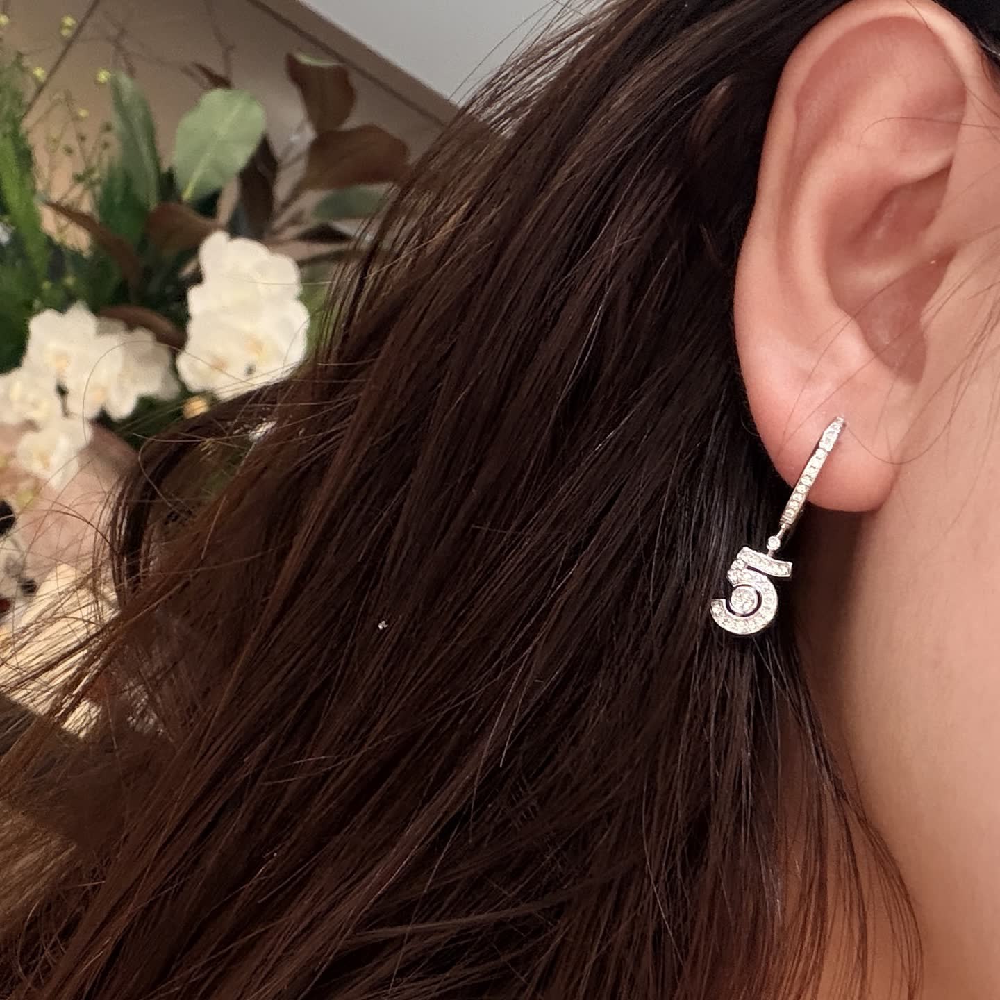 Chanel Silver Number '5' Diamond Earrings