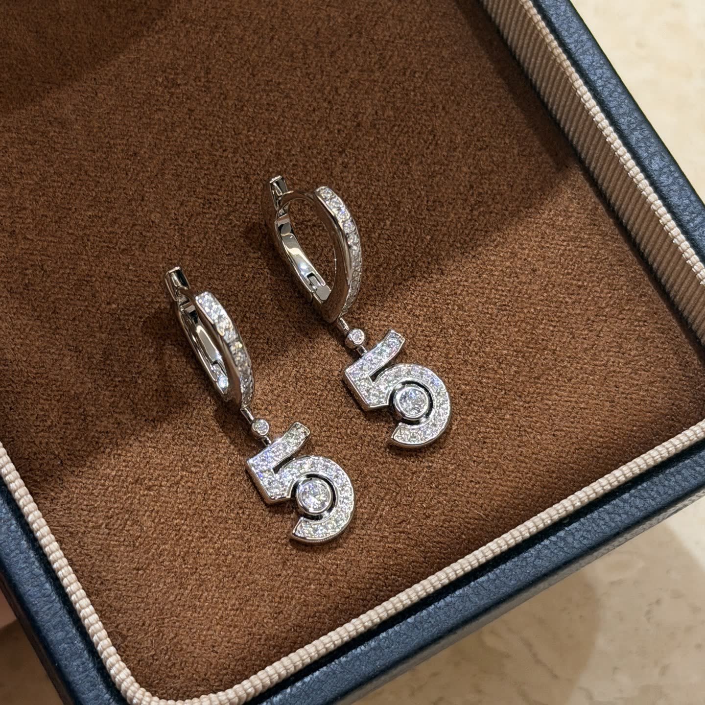 Chanel Silver Number '5' Diamond Earrings