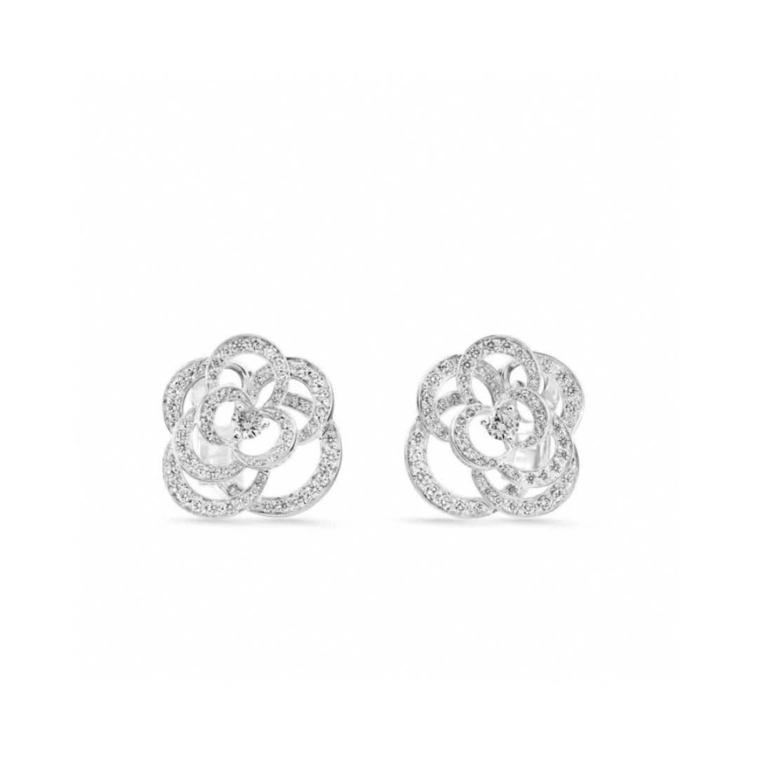 Elegant Silver Flower Stud Earrings with Diamond Accents
