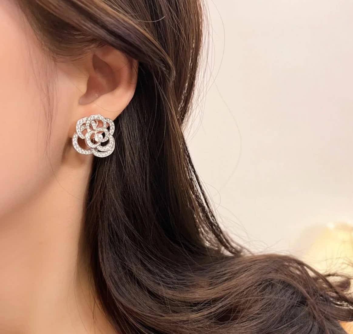 Elegant Silver Flower Stud Earrings with Diamond Accents