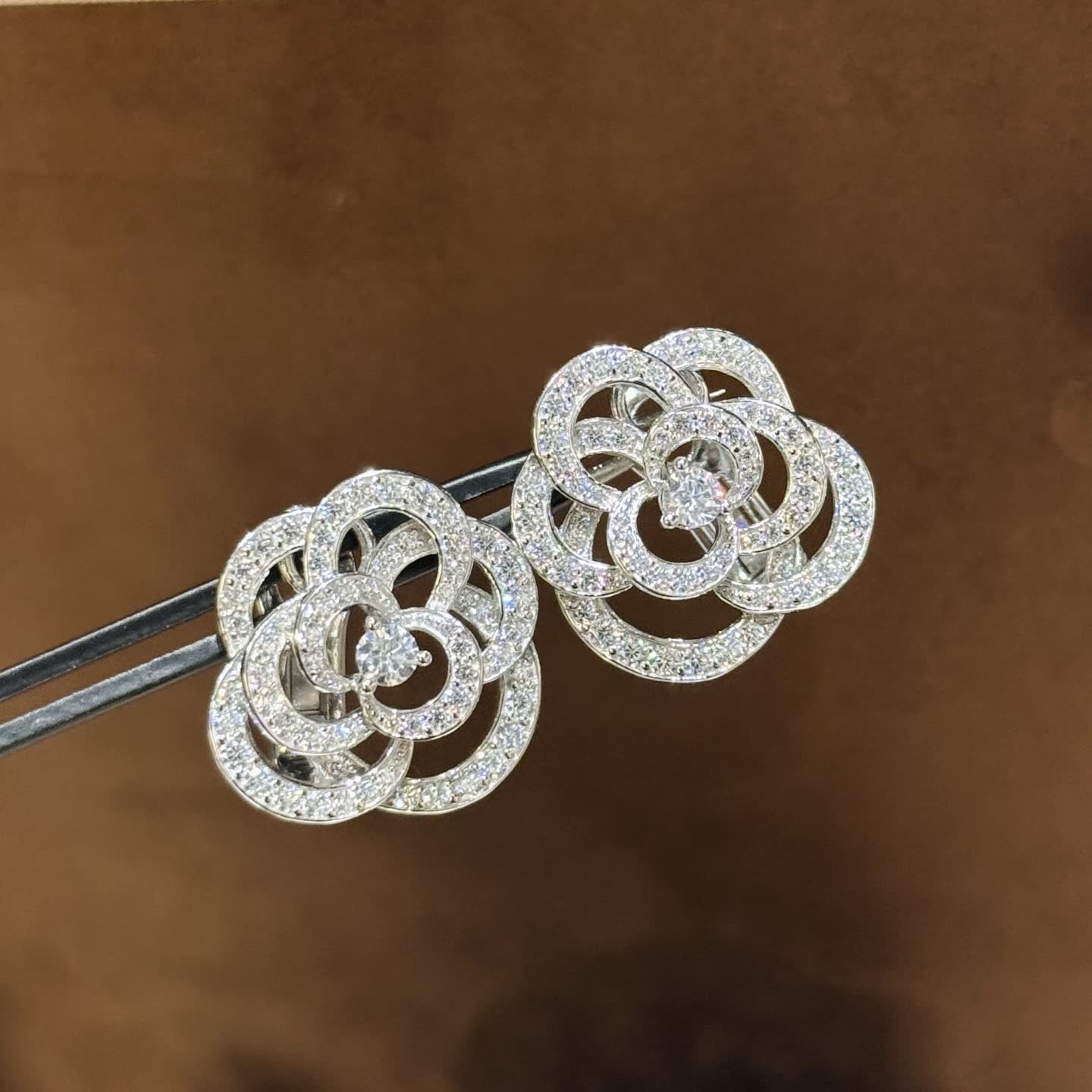 Elegant Silver Flower Stud Earrings with Diamond Accents