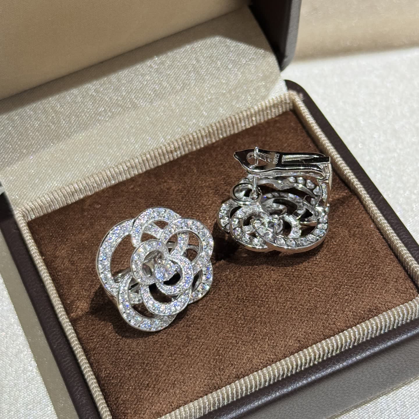 Elegant Silver Flower Stud Earrings with Diamond Accents