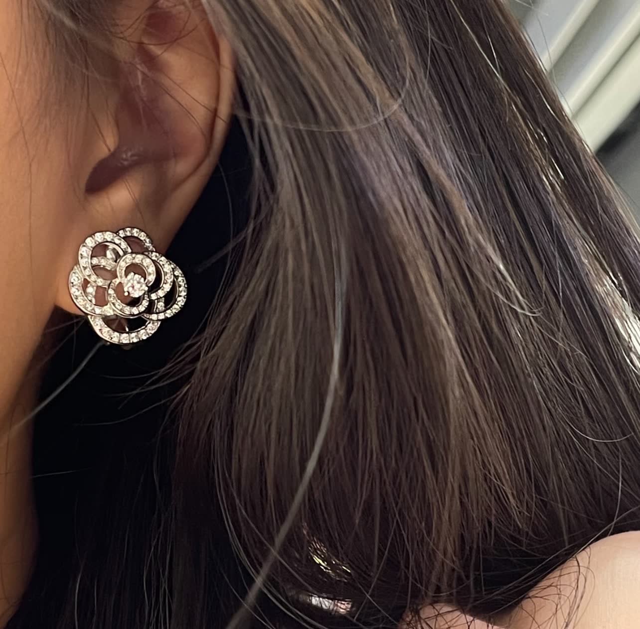 Elegant Silver Flower Stud Earrings with Diamond Accents