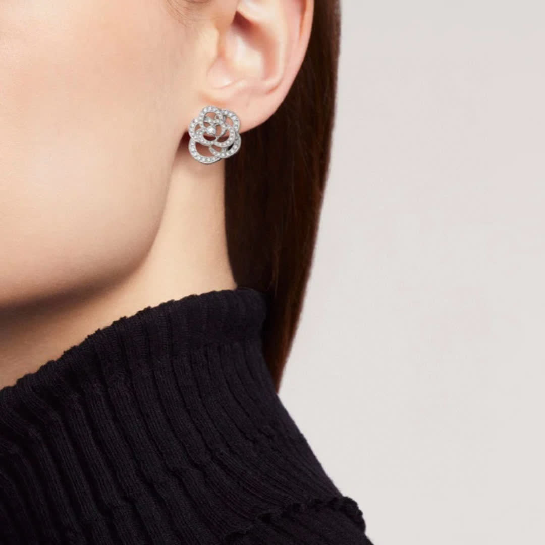 Elegant Silver Flower Stud Earrings with Diamond Accents