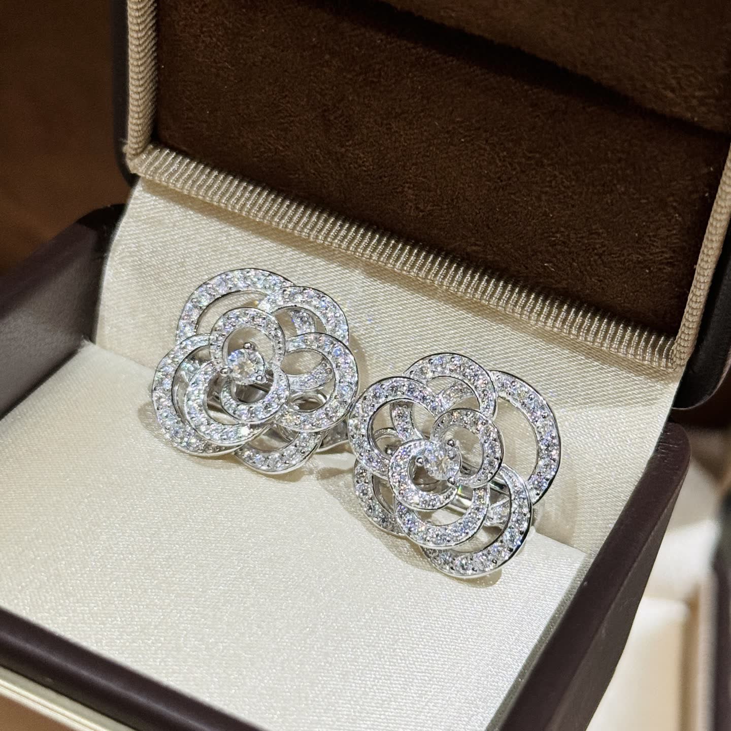 Elegant Silver Flower Stud Earrings with Diamond Accents