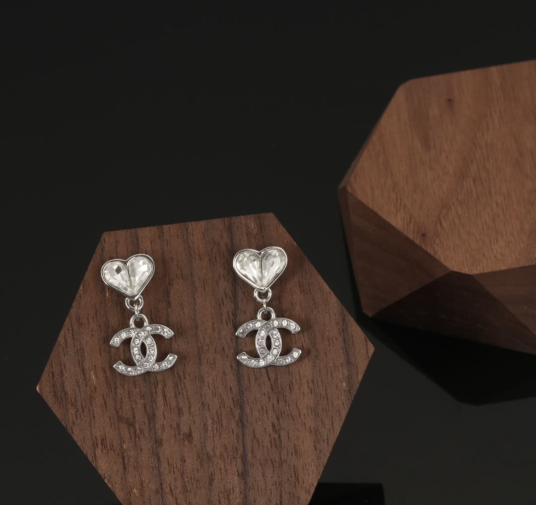 Chanel Silver Crystal Heart Earrings Chanel Silver Crystal Heart Earrings