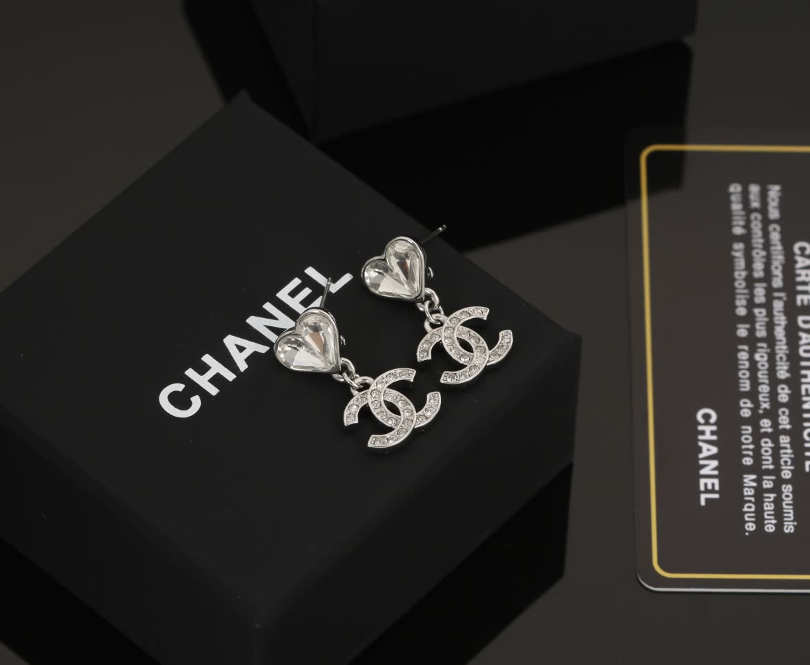 Chanel Silver Crystal Heart Earrings