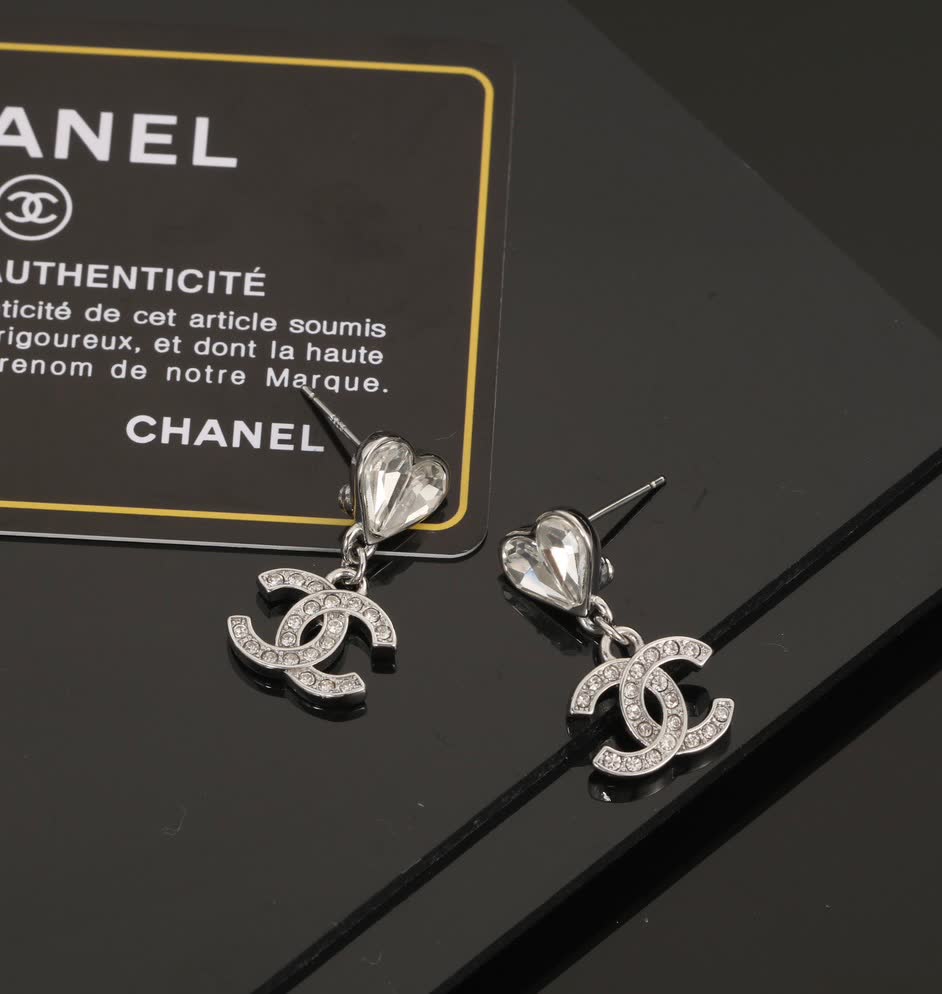 Chanel Silver Crystal Heart Earrings