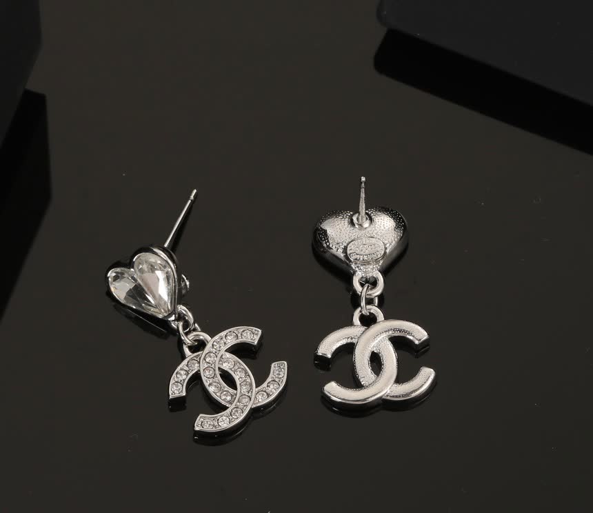 Chanel Silver Crystal Heart Earrings