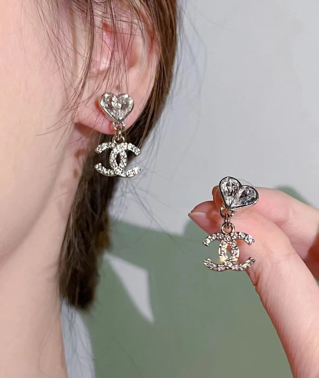 Chanel Silver Crystal Heart Earrings
