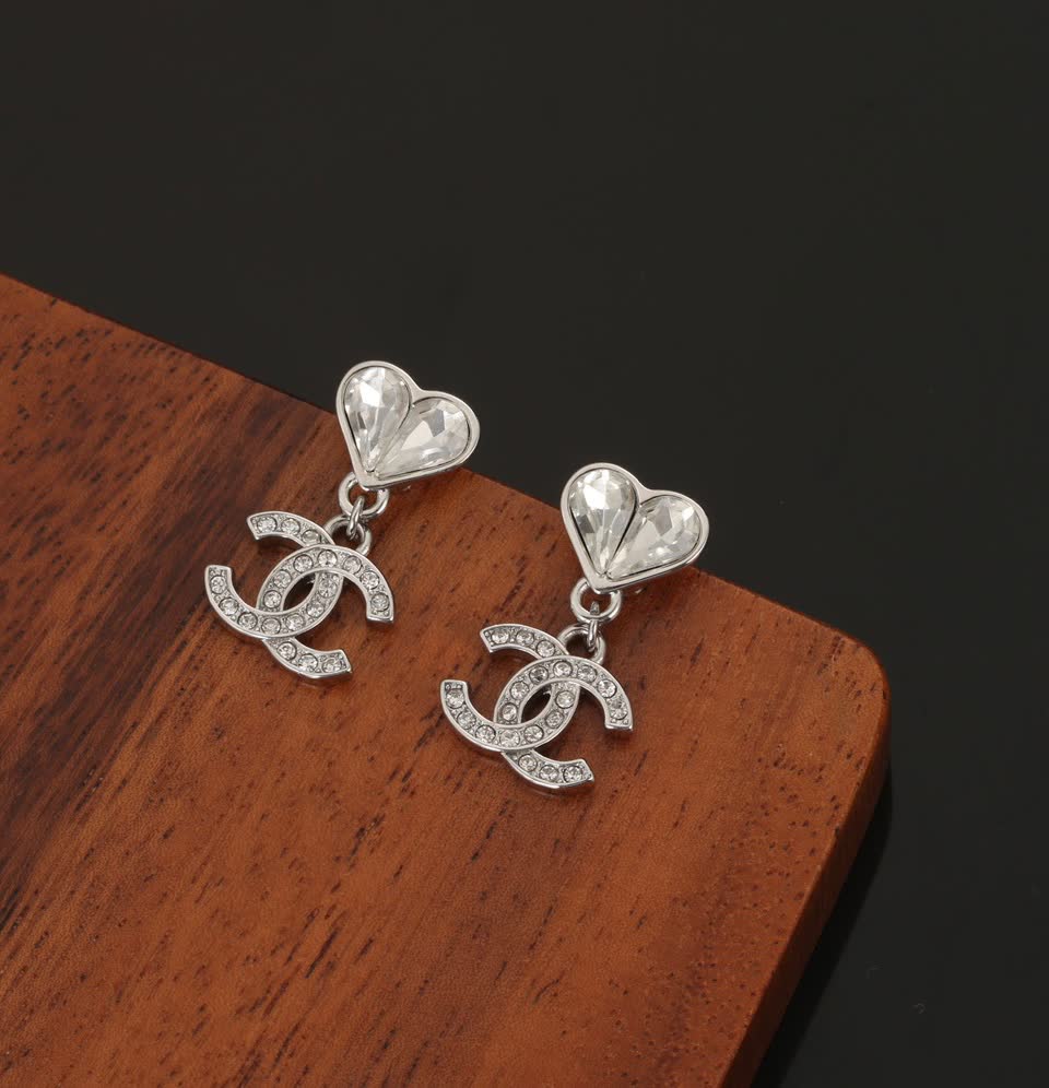 Chanel Silver Crystal Heart Earrings
