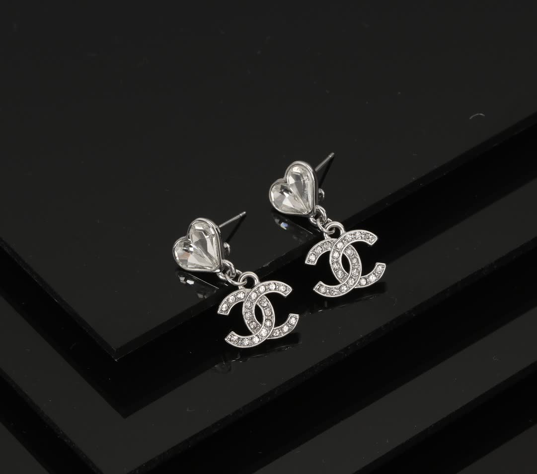 Chanel Silver Crystal Heart Earrings