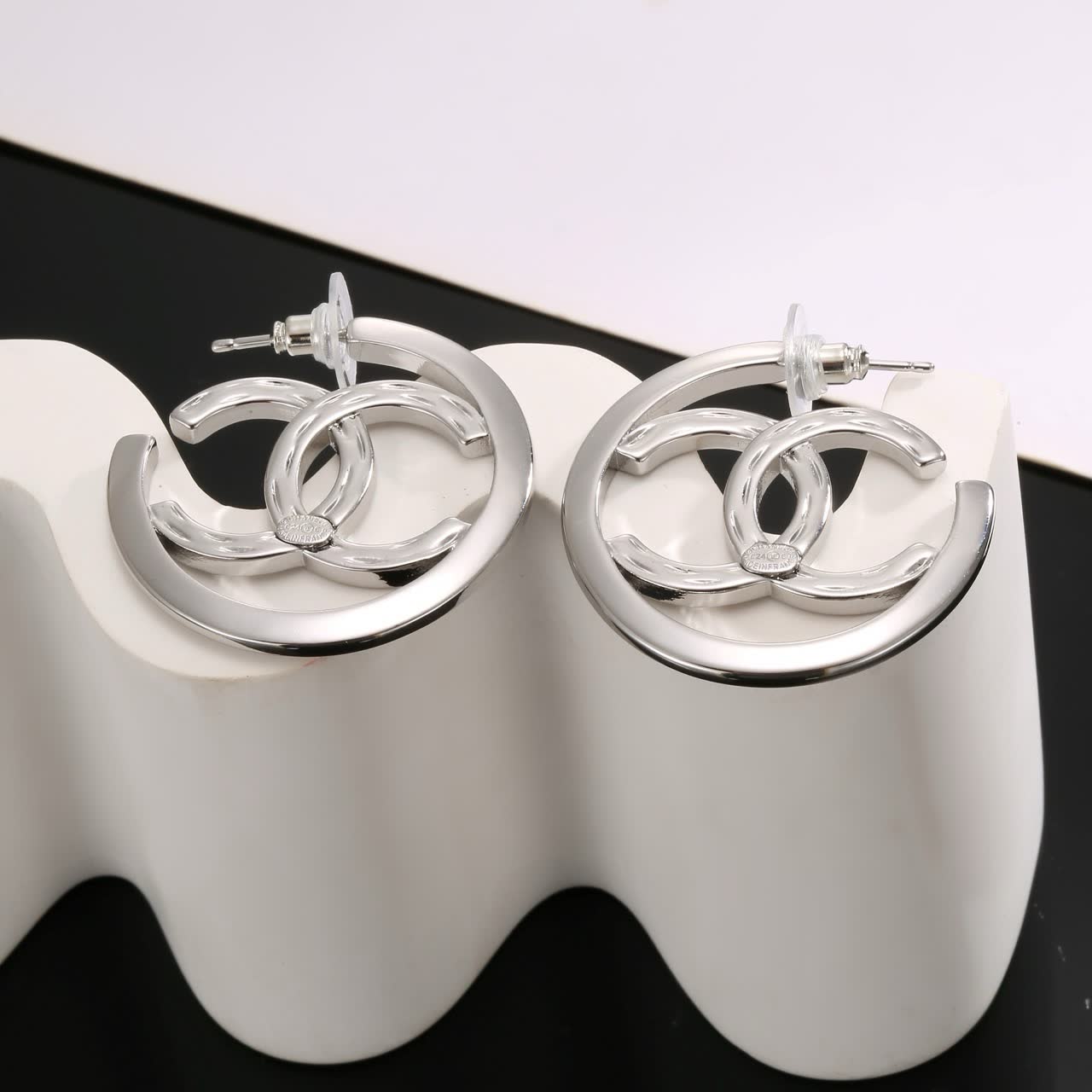 Chanel CC Logo Silver Hoop Earrings