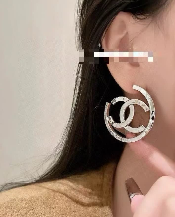 Chanel CC Logo Silver Hoop Earrings