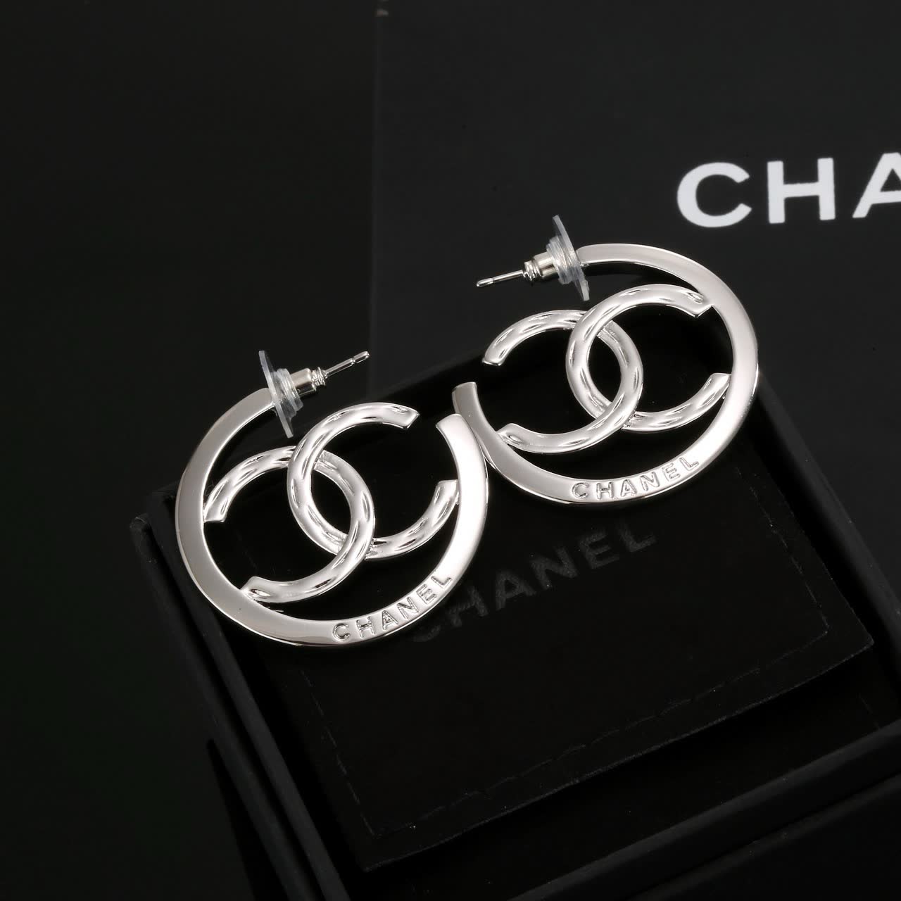 Chanel CC Logo Silver Hoop Earrings