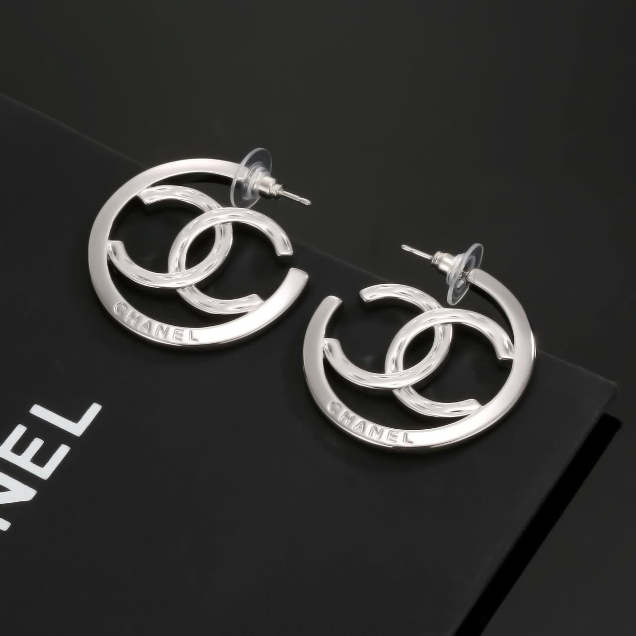 Chanel CC Logo Silver Hoop Earrings