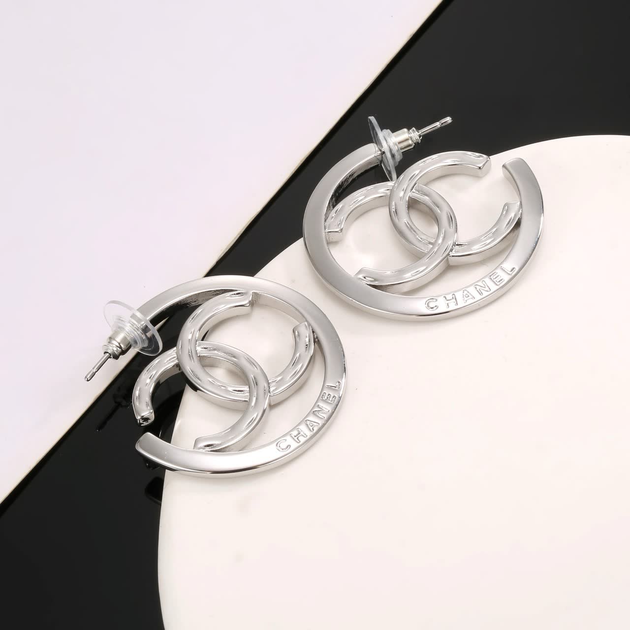 Chanel CC Logo Silver Hoop Earrings