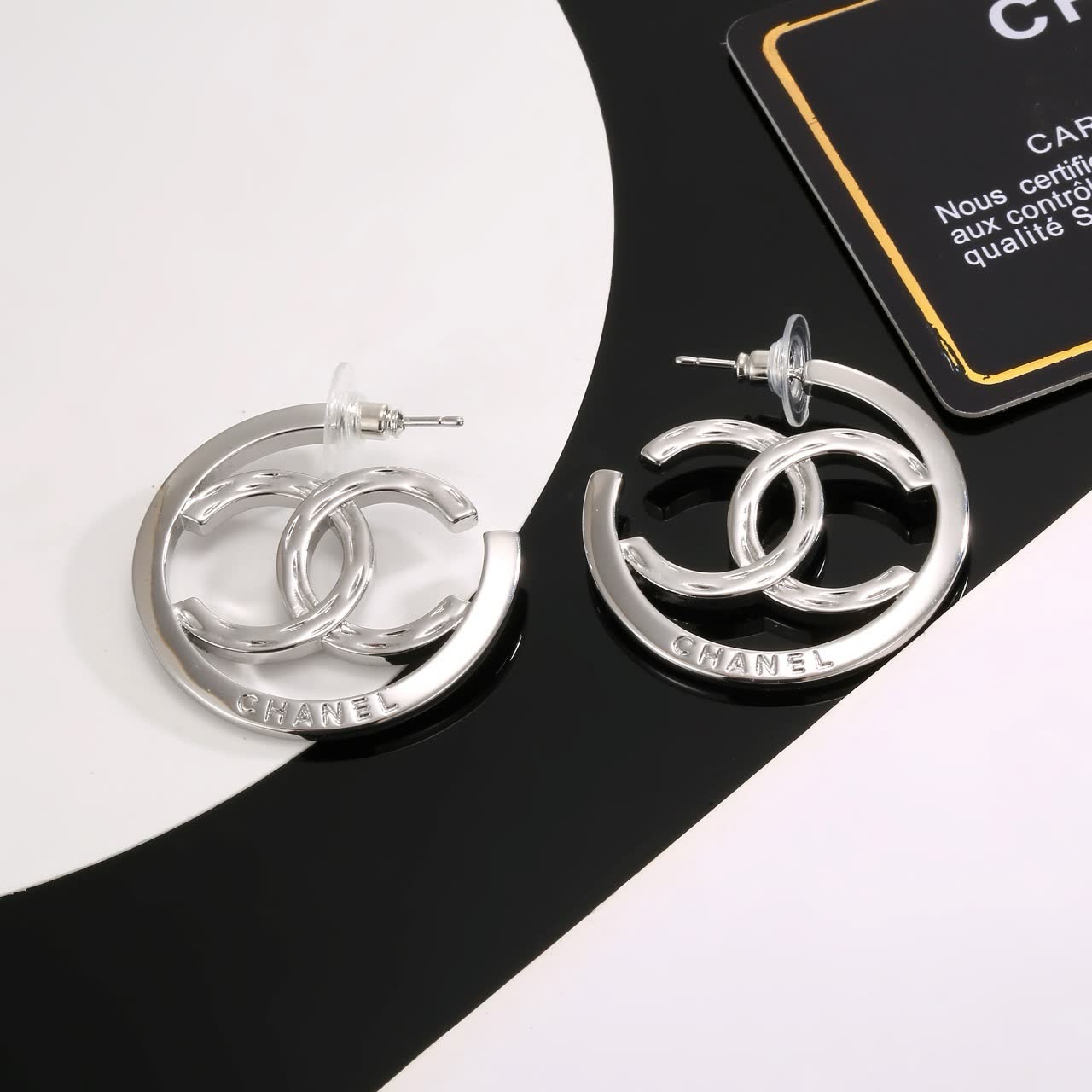 Chanel CC Logo Silver Hoop Earrings