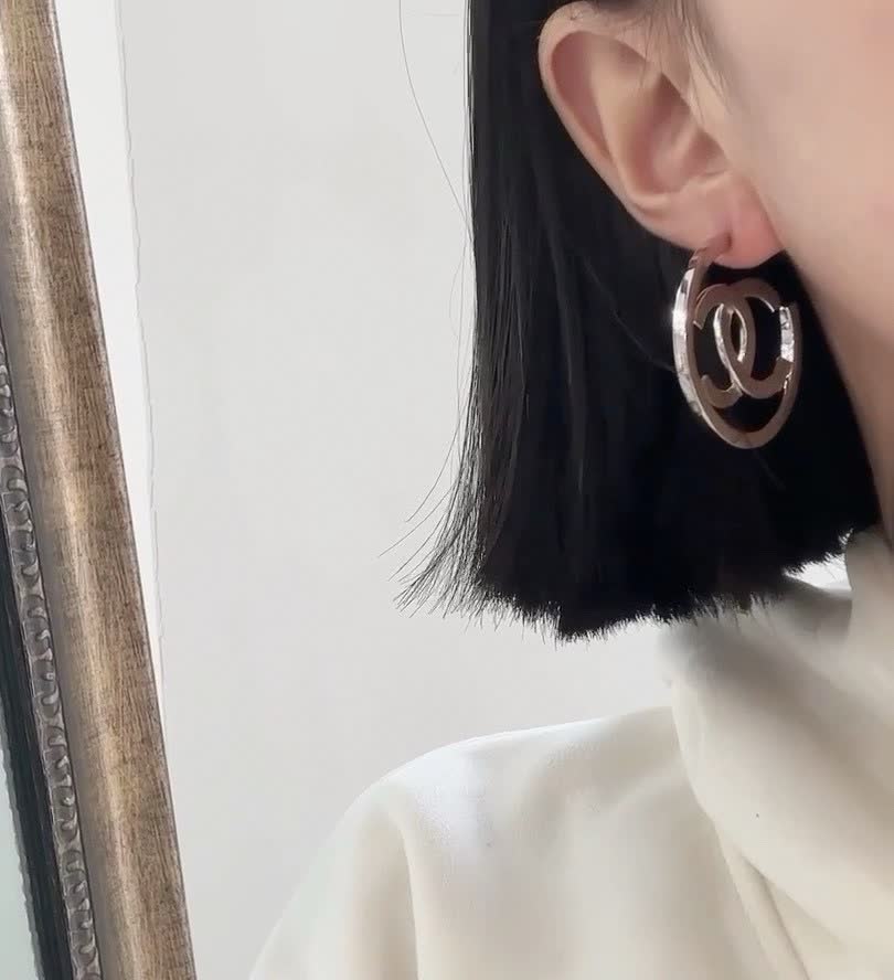 Chanel CC Logo Silver Hoop Earrings