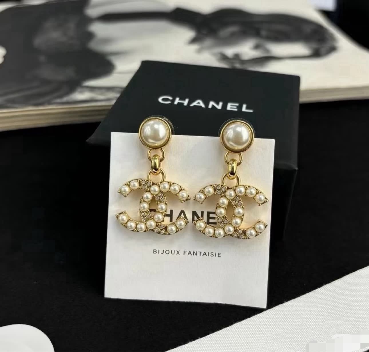 Chanel CC Logo Pearl Drop Earrings
