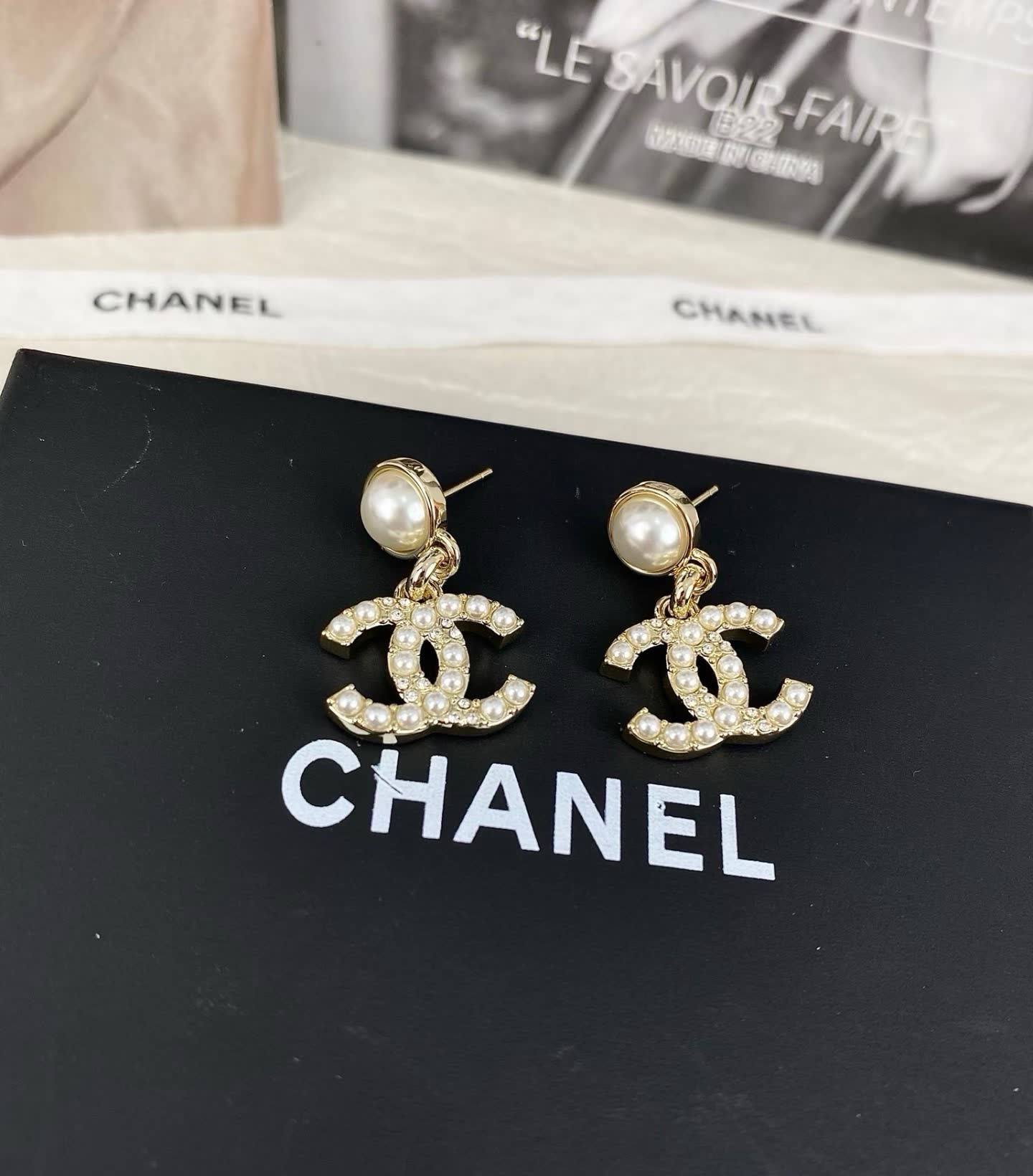 Chanel CC Logo Pearl Drop Earrings